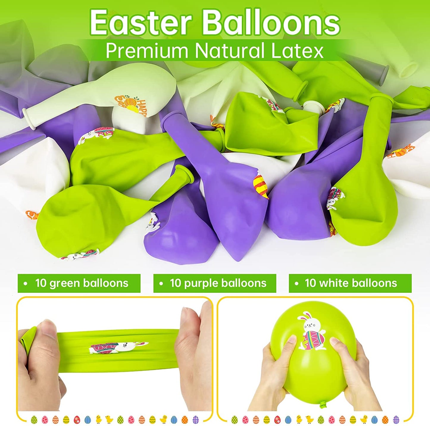 30pcs 12" Happy Easter Latex Balloons (10 Purple/10 Green/10 White)