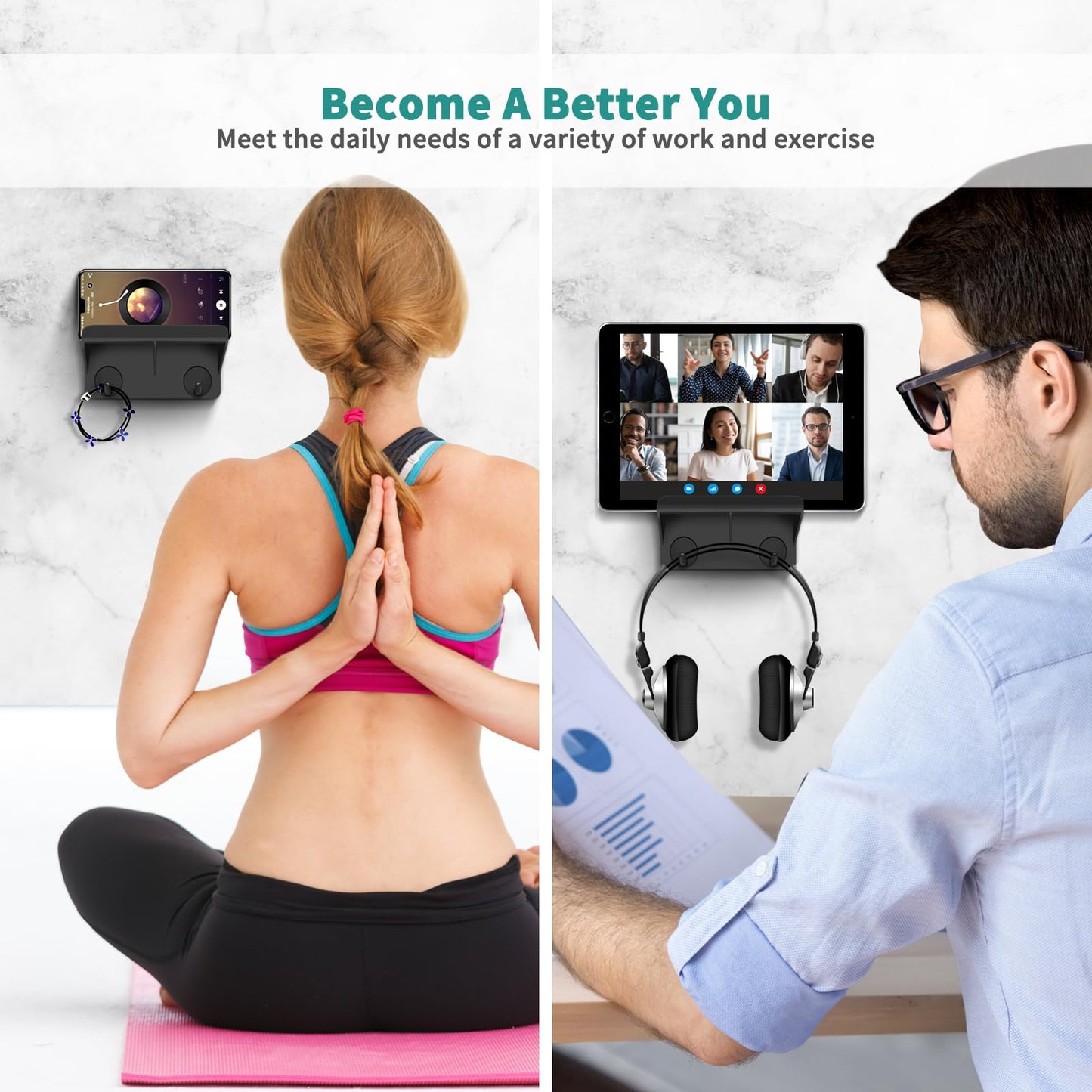 2pk Cell Phone & iPad Holder with Double Layer, Key Hooks for Home & Shower Use
