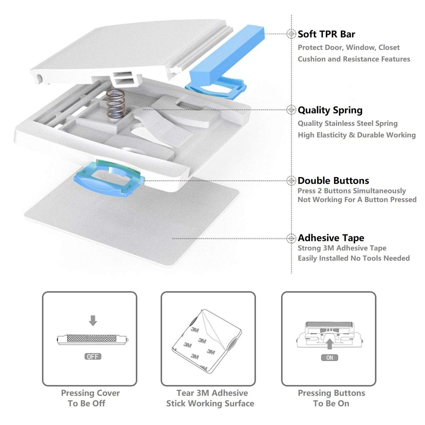 Sliding Glass Door Child Lock - Baby Safety Slide Window Locks, No Drilling, Strong Durable 3M Adhesive Tap, Stainless Steel, ABS Plastic, Double Button Design, Childproof Patio, Closet, Cabinet Doors, 4 Pack, Blue