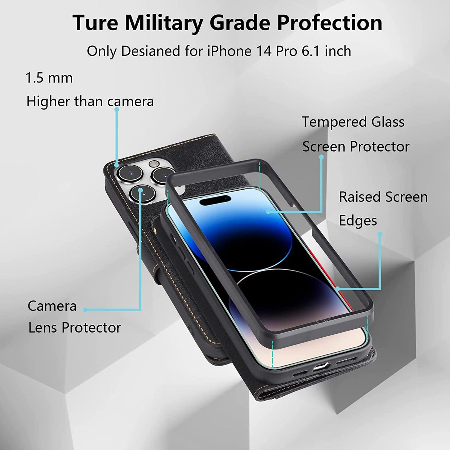 iPhone 14 Pro Kickstand Wallet Case w/ 2 ea Screen/Camera Lens Protectors