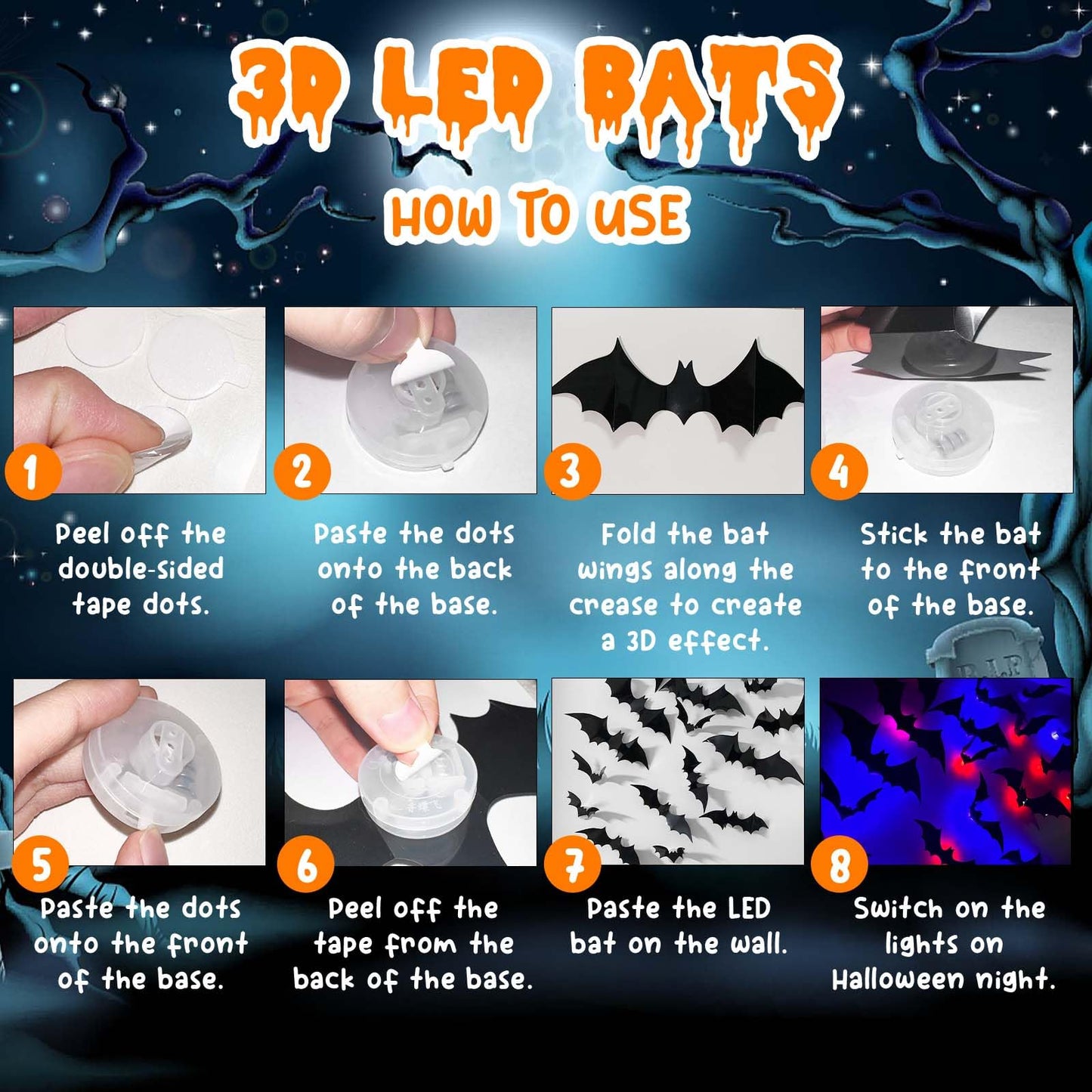 36pcs Light Up 3D Halloween Black PVC Sticky Bat Decorations in 4 Sizes