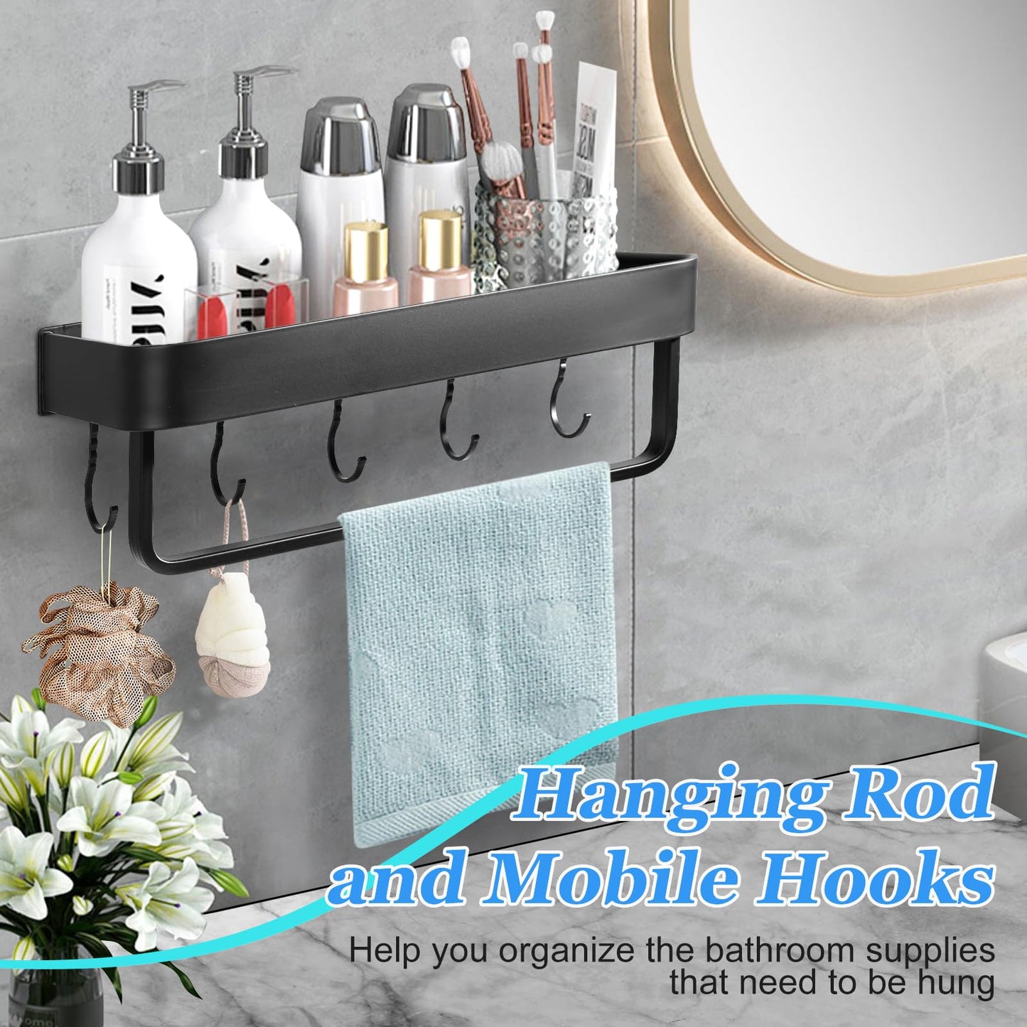 2-Piece Black Space Aluminum Shower Caddy: No-Drill Organizer with Hooks