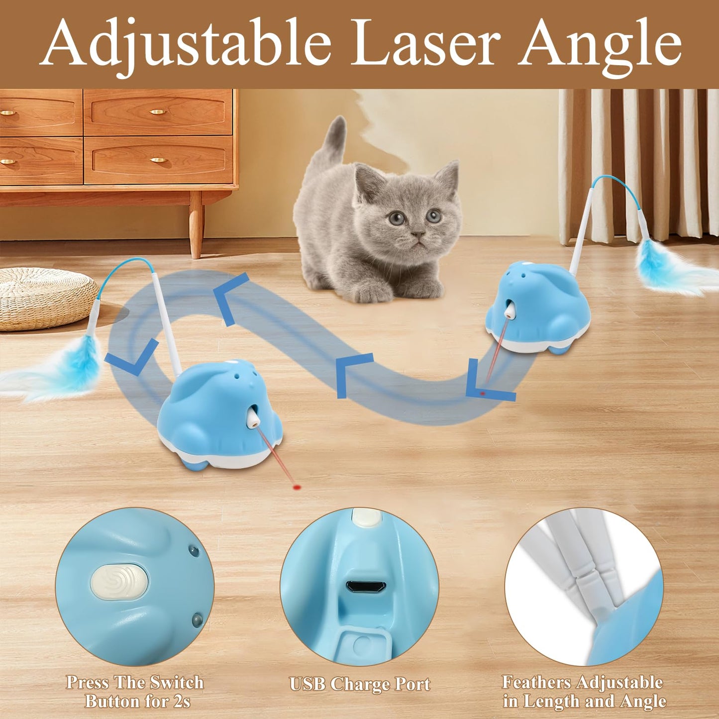 Motorized Interactive Cat Toy with Feather, Laser, 3 Modes - Ultimate Play for Energetic Kittens