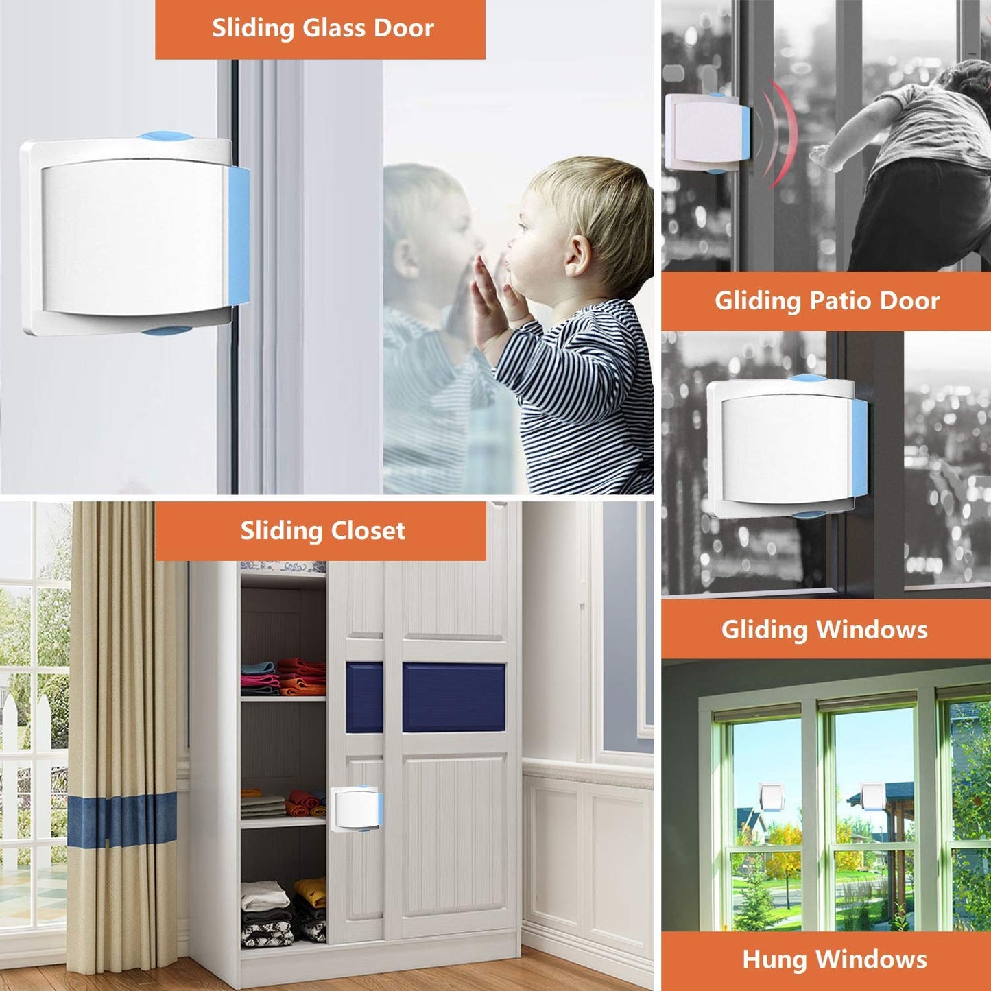 Sliding Glass Door Child Lock - Baby Safety Slide Window Locks, No Drilling, Strong Durable 3M Adhesive Tap, Stainless Steel, ABS Plastic, Double Button Design, Childproof Patio, Closet, Cabinet Doors, 4 Pack, Blue