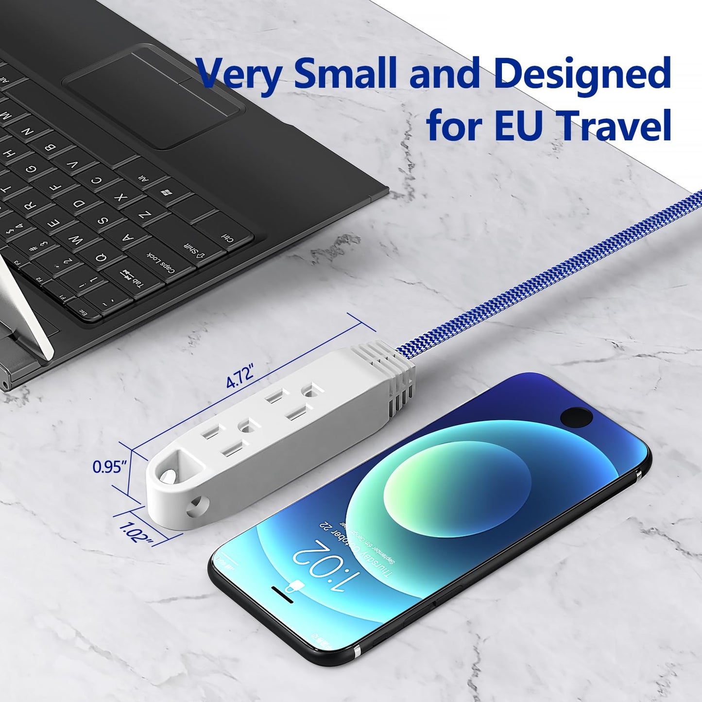 1.5ft Extension Cord European Travel Plug Adapter w/ 3 US Outlets