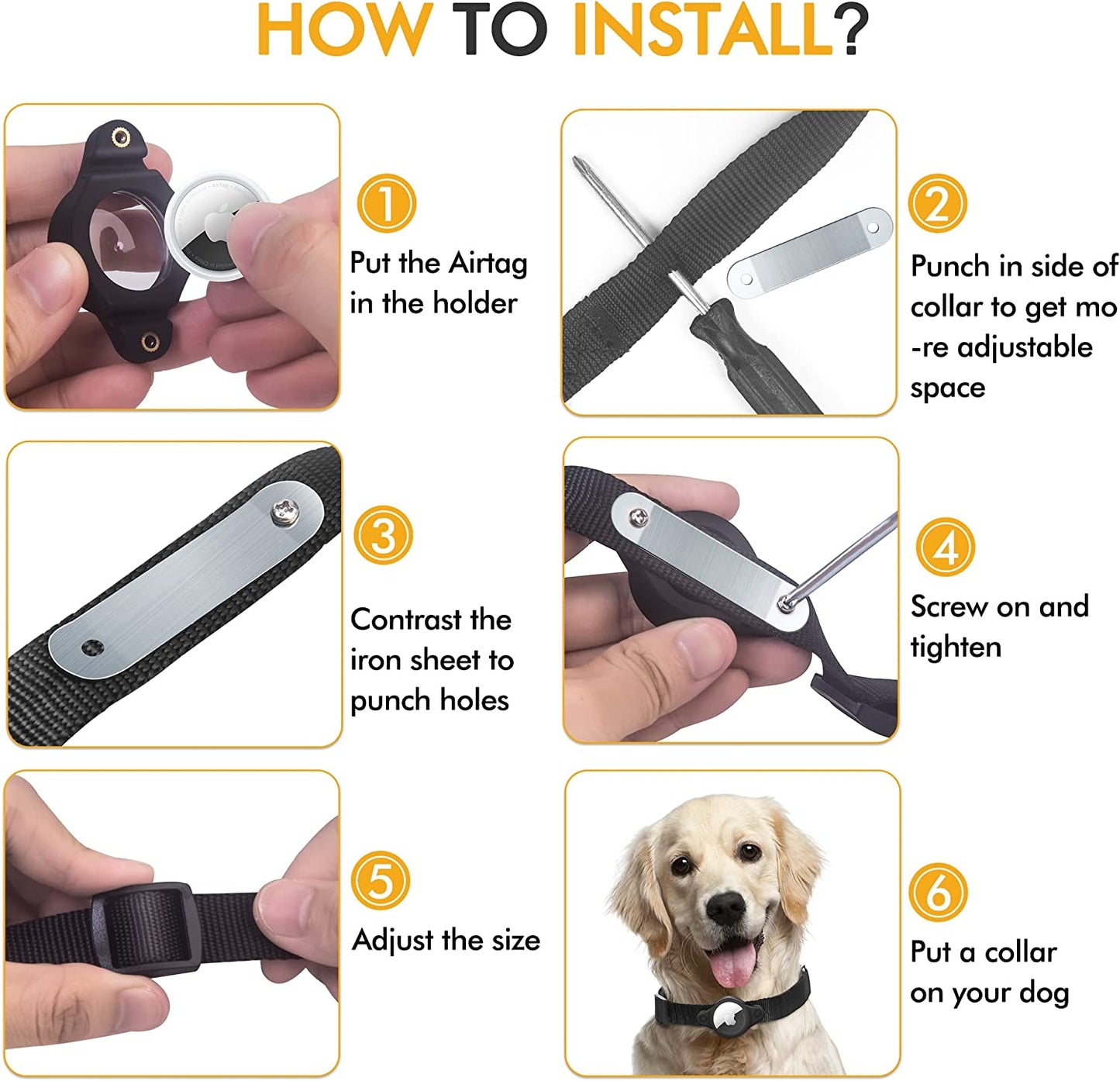 Size Small Black IPX8 Waterproof AirTag Dog Collar w/ Tools