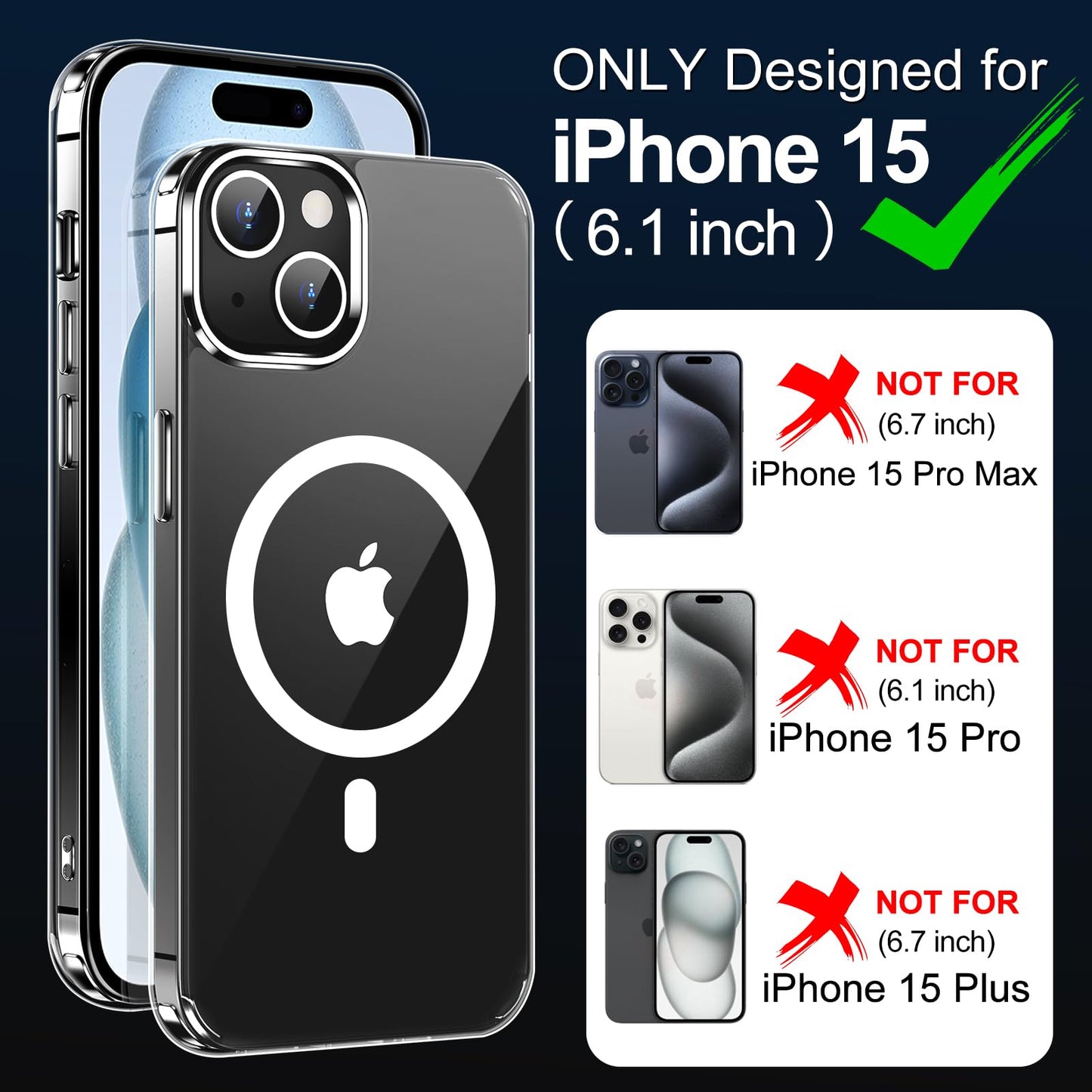 Magnetic iPhone 15 Clear Case with Magsafe, Dual Screen Protectors, Anti-Yellow & Military-Grade Drop Protection, 6.1 inch