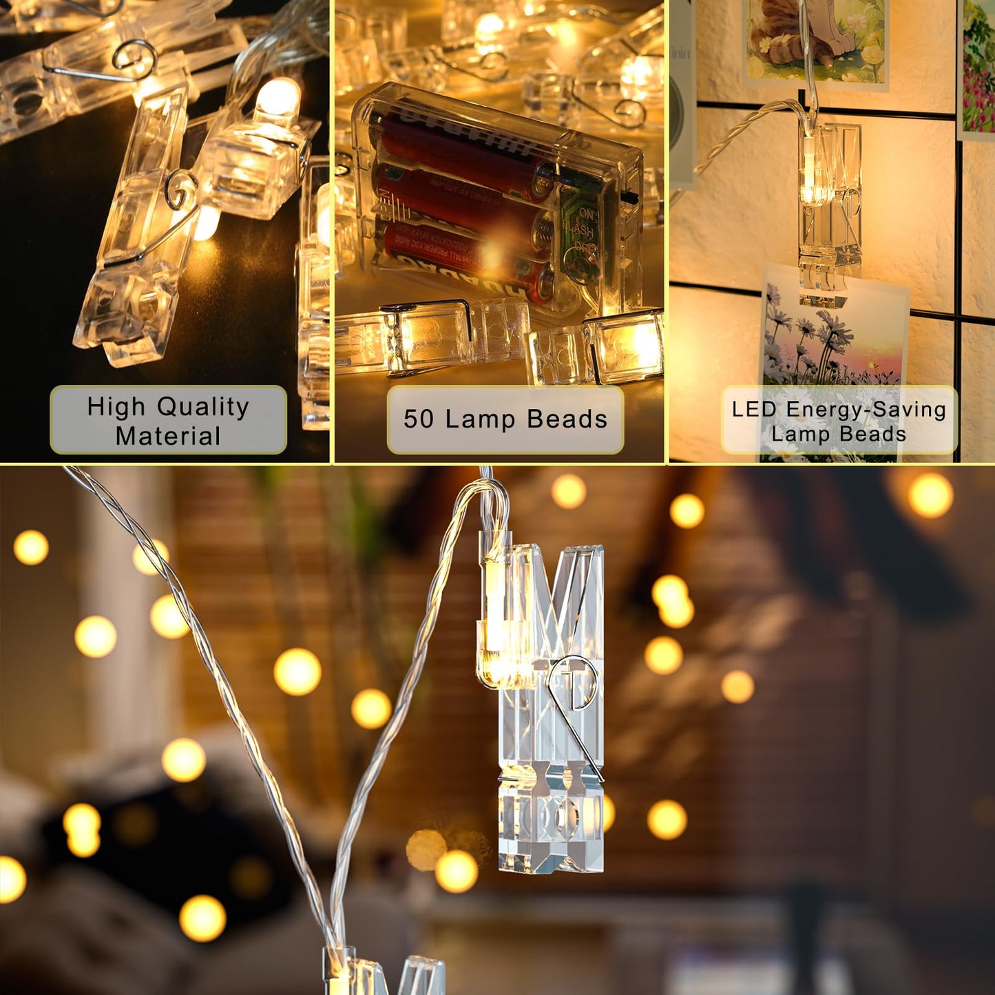 Photo Clip String Lights 17 FT: 50 LED Fairy Lights with Clips for Bedroom, Wall, Patio, Halloween, Thanksgiving, Wedding & More – Battery Operated with Dual Modes