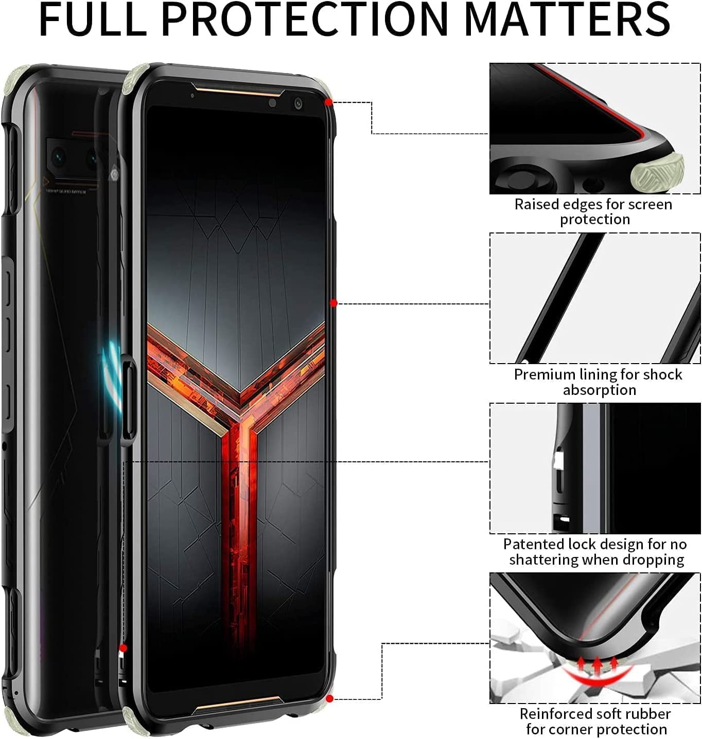 Black Aluminum Alloy Metal Bumper Frame Case for ASUS ROG Phone 2 (ZS660KL)