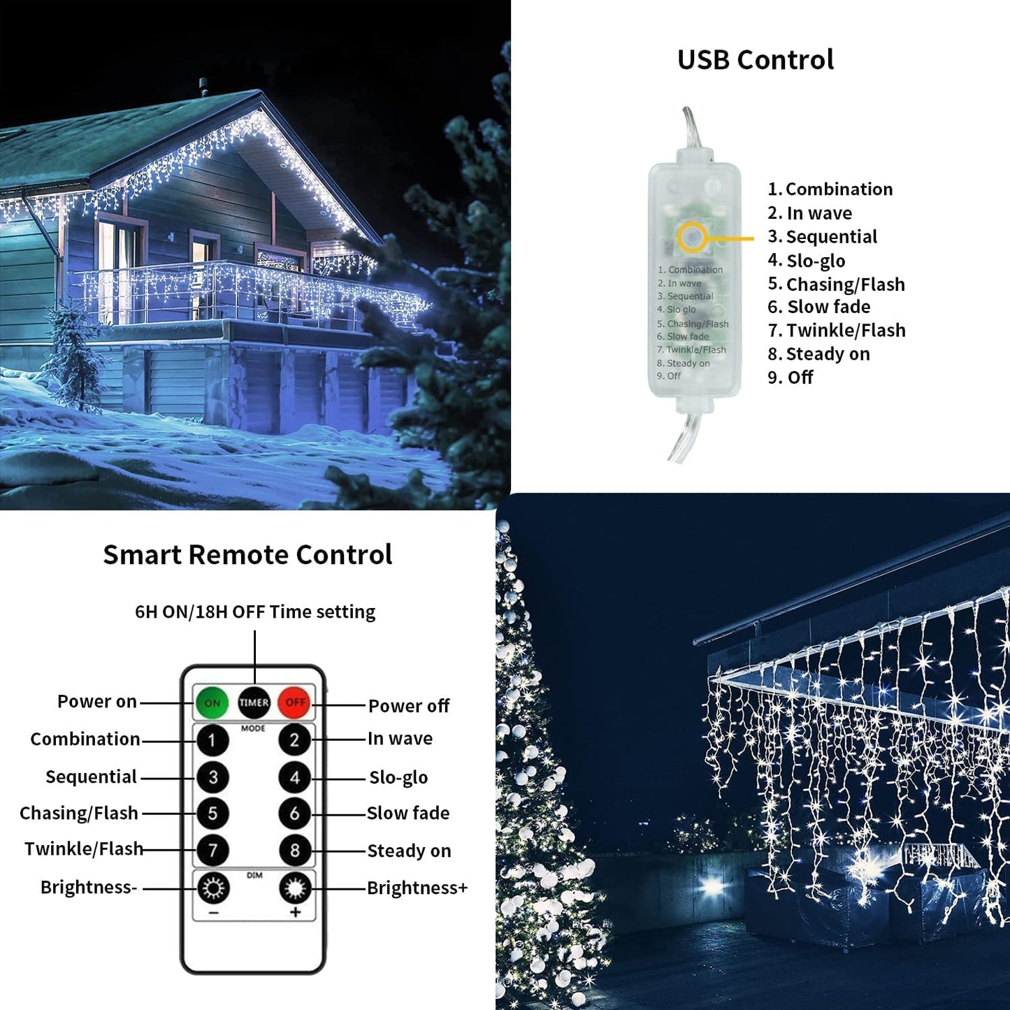 37.41ft 720 LED 144 Drops Cool White Outdoor Plug-In Christmas Icicle Lights
