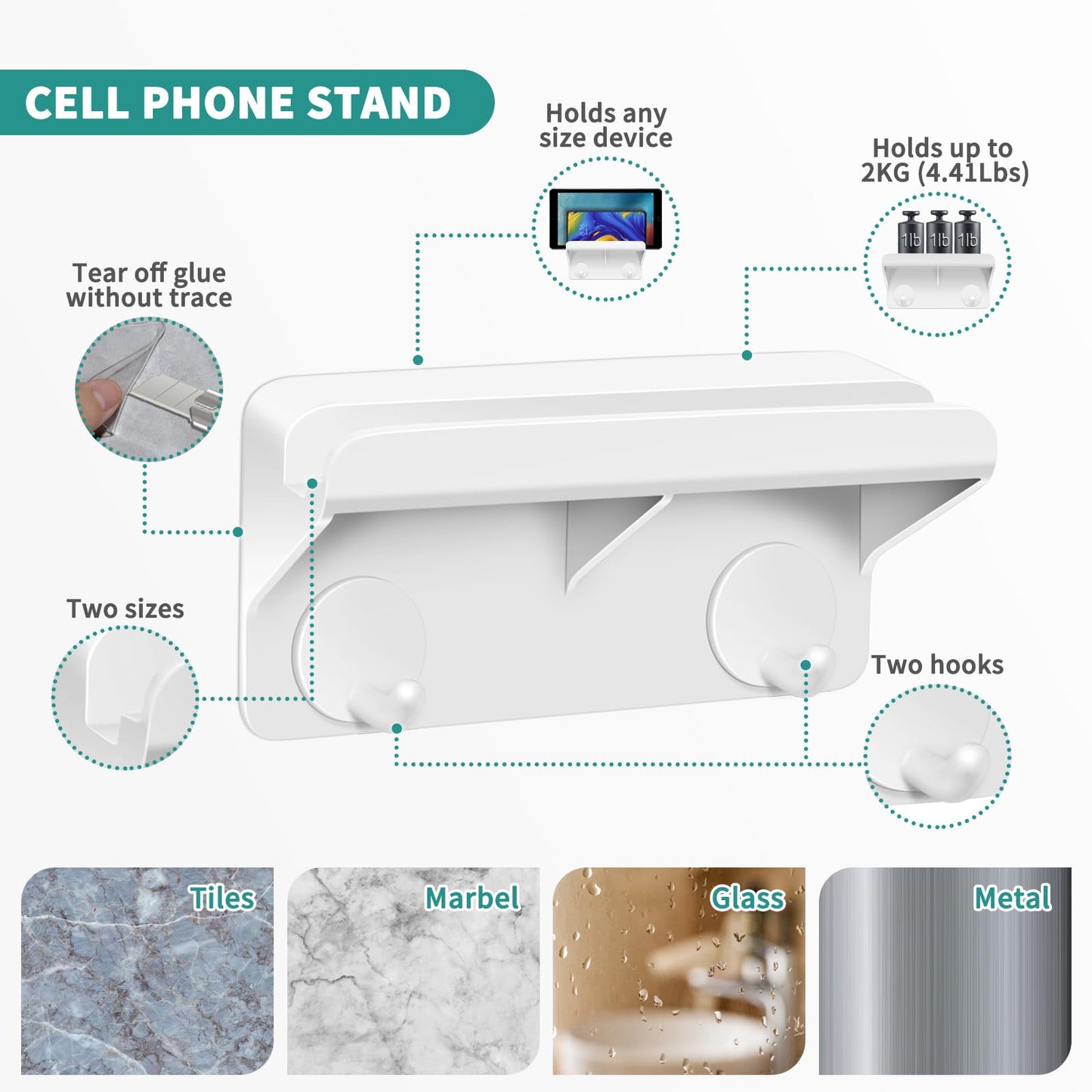 2pk Cell Phone & iPad Holder with Double Layer, Key Hooks for Home & Shower Use