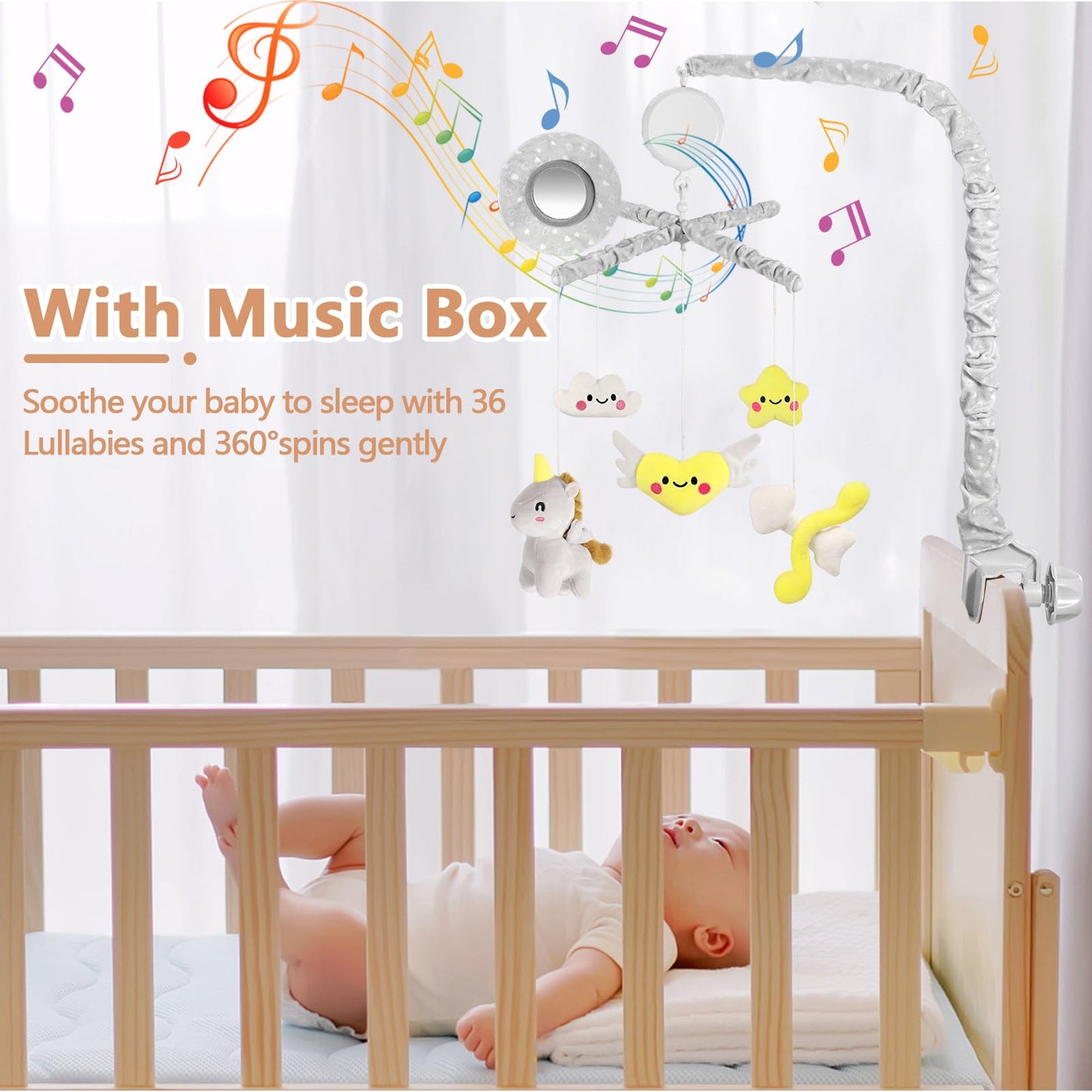 Musical Box Baby Crib Mobile w/ Mirror/3 Modes/Volume Control/36 Lullabies