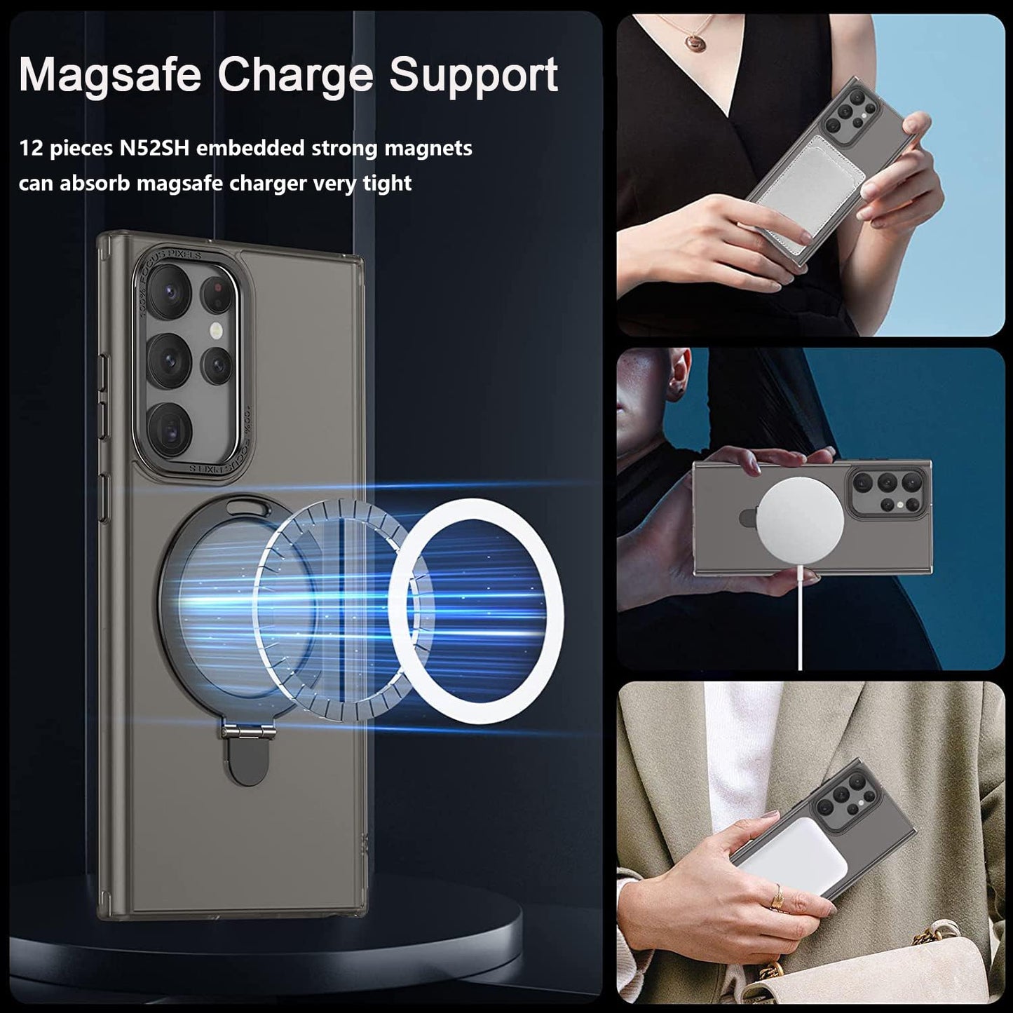 Translucent Black Galaxy S23 Ultra Case w/ Stand Works w/ Magnetic Wireless Chrg