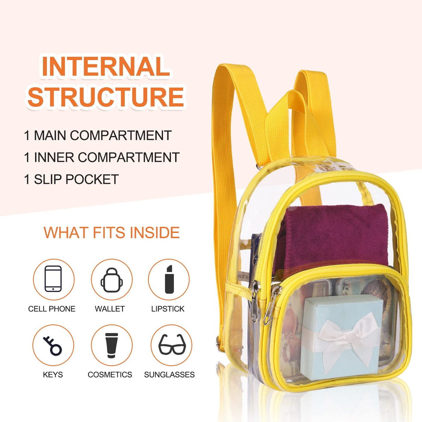 7.5"x2.8"x9" Stadium Approved Clear/Yellow Mini Backpack w/ Front & Slip Pocket