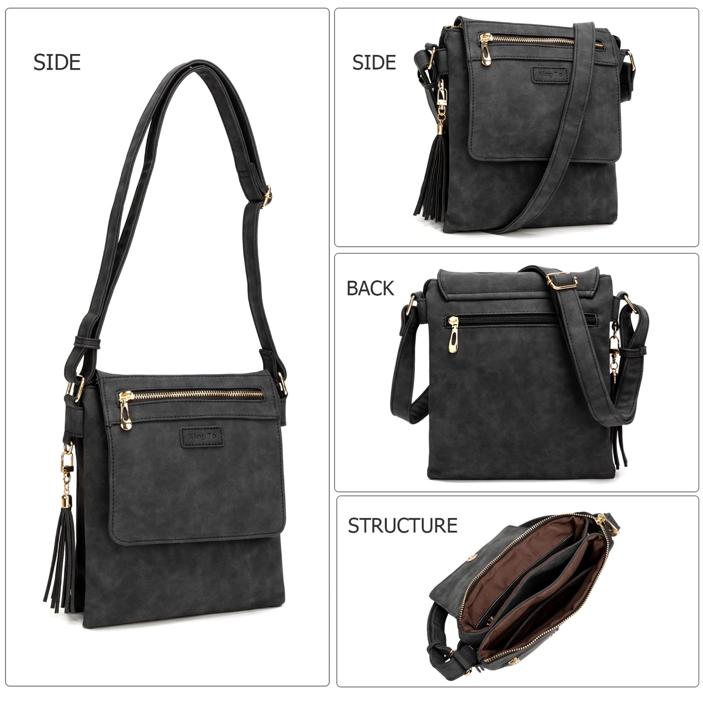 10.2"H x 0.7"W x 8.6"L Black Leather Crossbody Bag/Shoulder Bag/Purse/Handbag