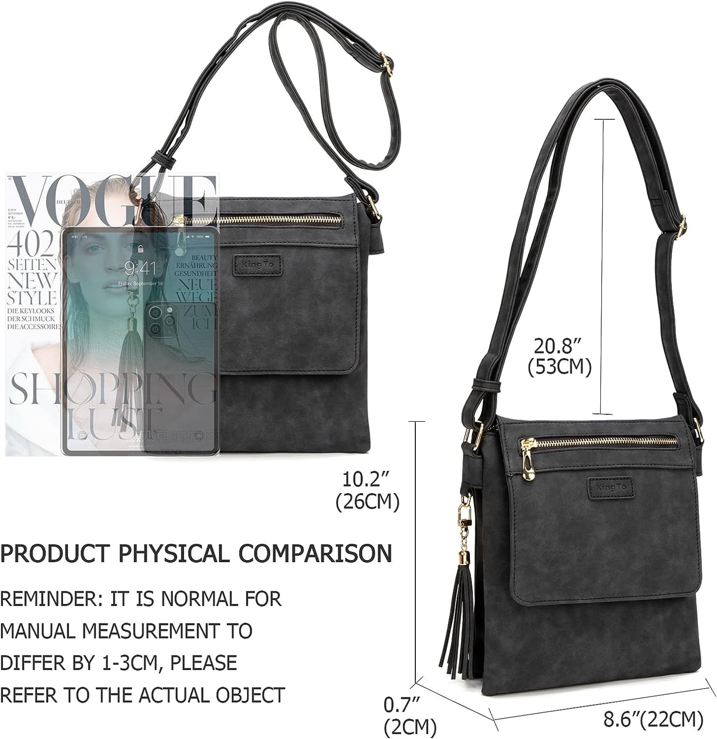 10.2"H x 0.7"W x 8.6"L Black Leather Crossbody Bag/Shoulder Bag/Purse/Handbag
