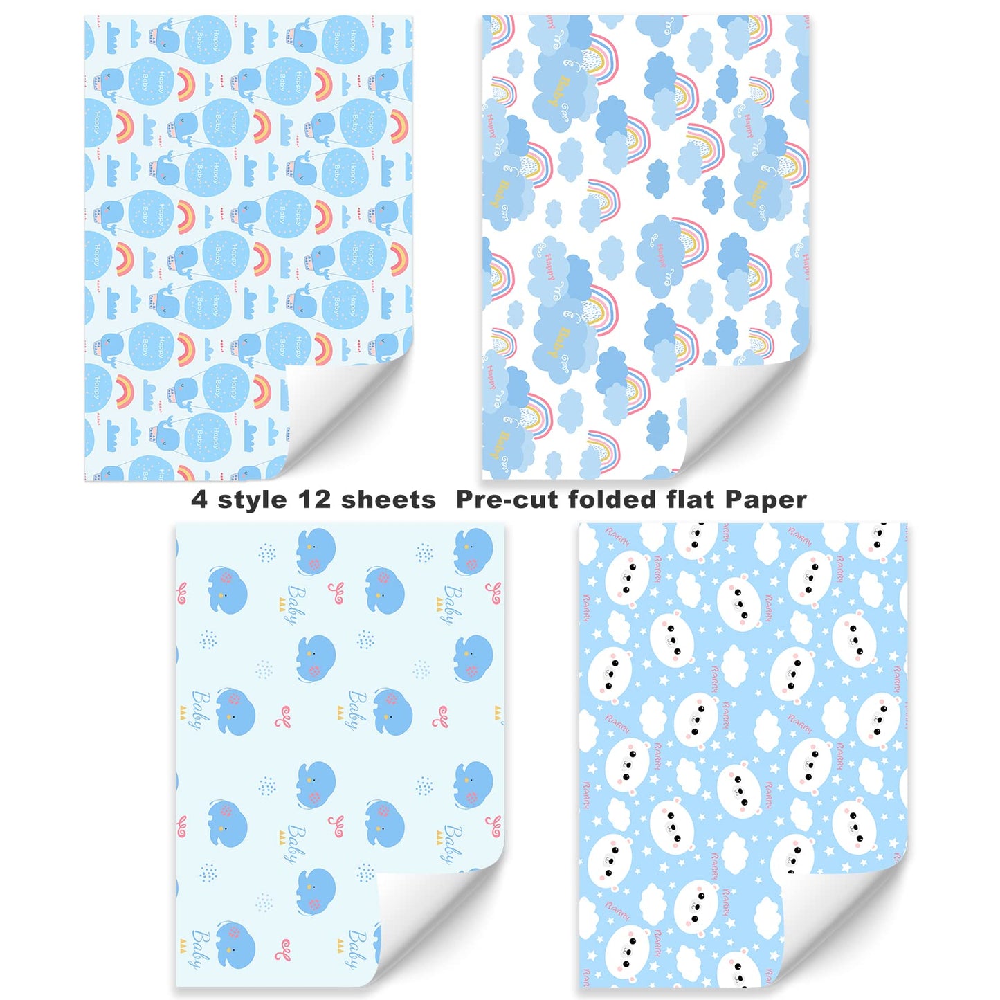 Baby Shower Wrapping Paper, Precut 12 Sheets - Cute Designs for Boys & Girls, Noticeable Typo on One Sheet, Eco-Friendly, 20" x 29" (50.8cm x 73.7cm)