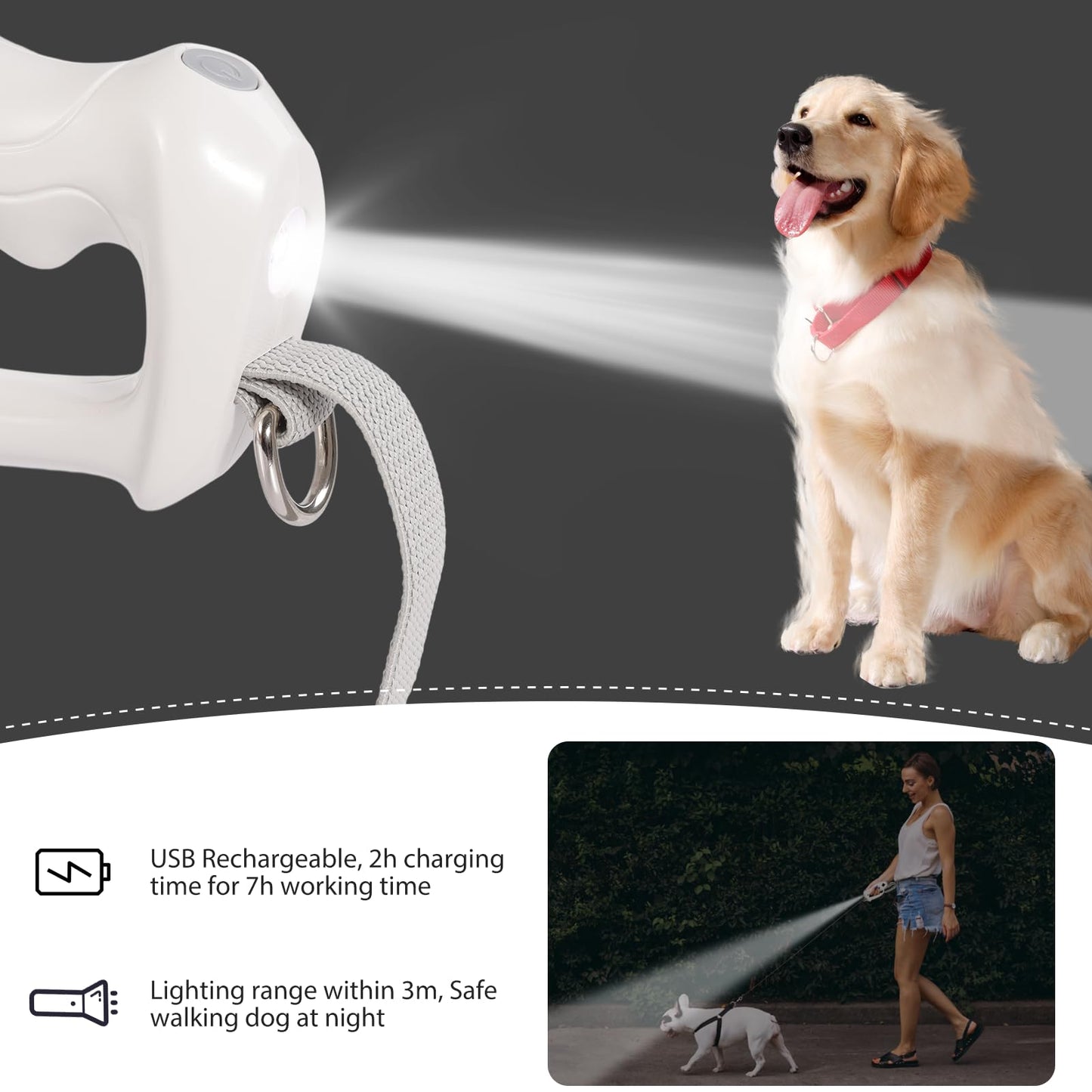 4-6 FT Extendable Dog Leash with LED Light & Poop Bag Holder for Dogs up to 110lbs
