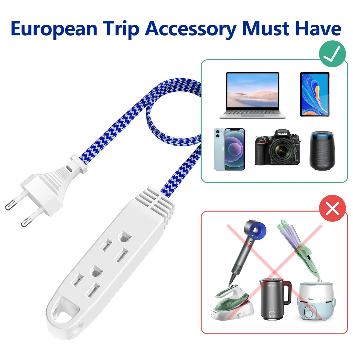 1.5ft Extension Cord European Travel Plug Adapter w/ 3 US Outlets