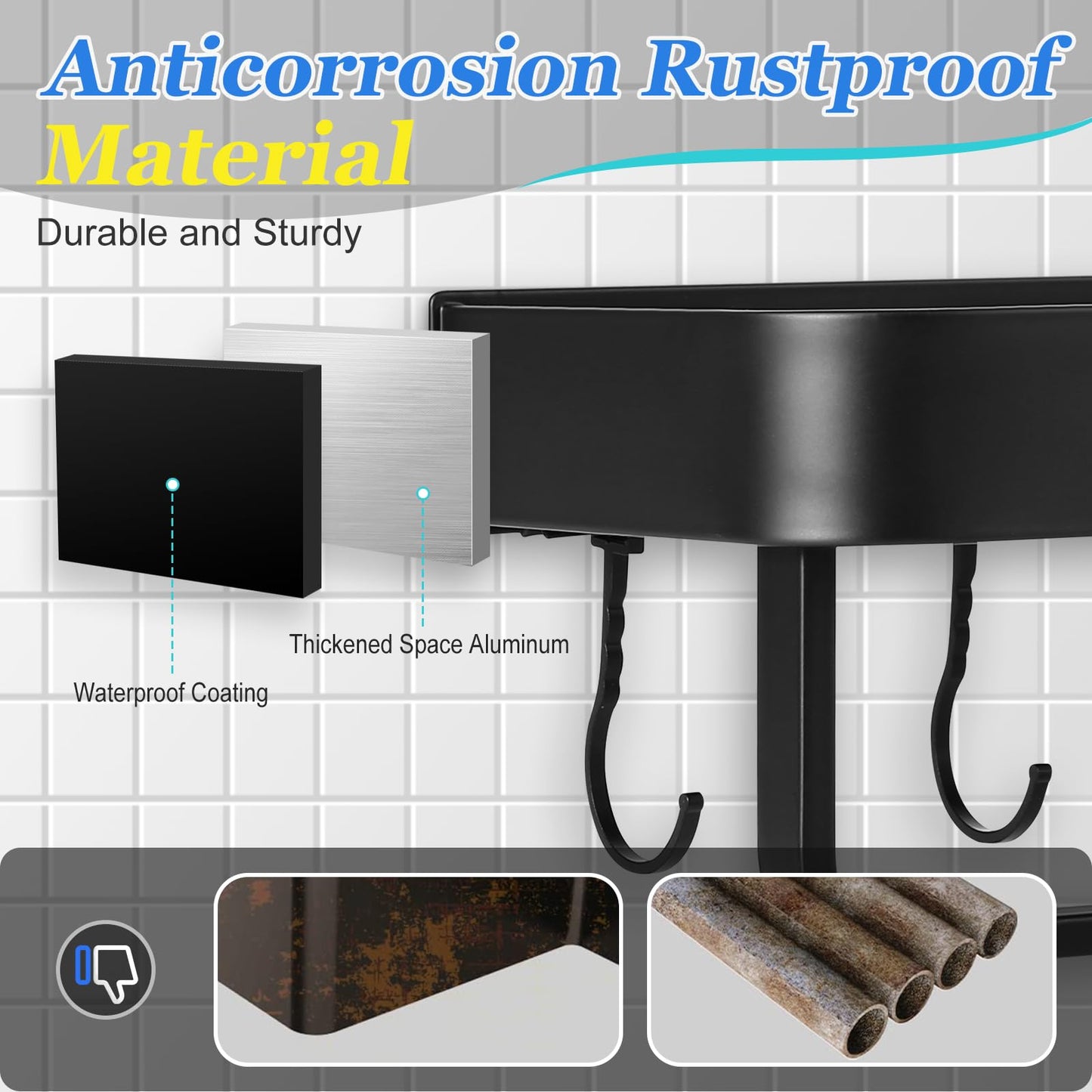 2-Piece Black Space Aluminum Shower Caddy: No-Drill Organizer with Hooks