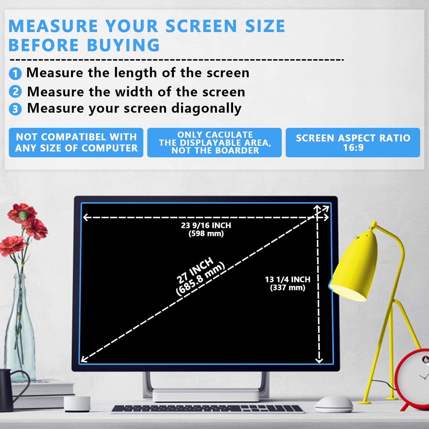 27" Removable 16:9 Anti-Glare Blue Light Block Computer Privacy Screen Filter