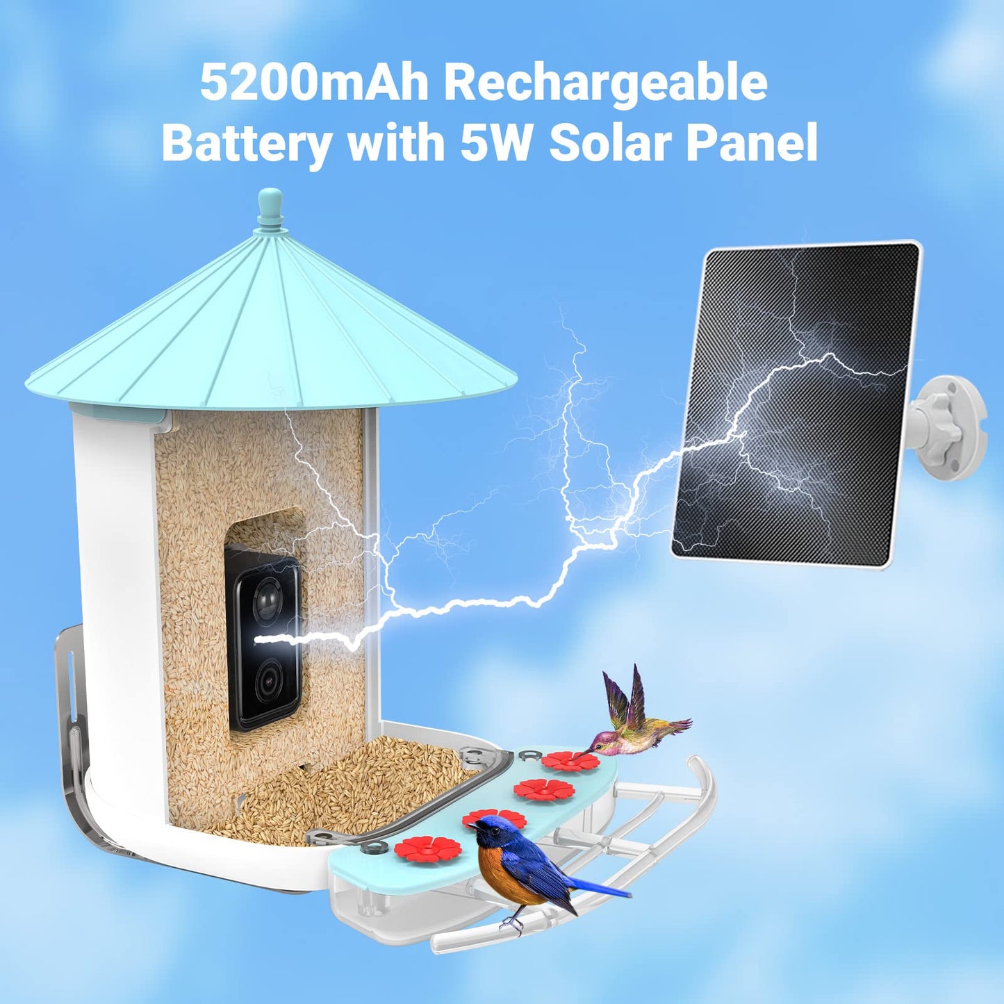 Wireless Outdoor Bird Feeder with Solar-Powered Camera: 1080 HD Live Video, AI Recognition, Dual Feeding Troughs, Ideal for Bird Watching Enthusiasts and Nature Lovers