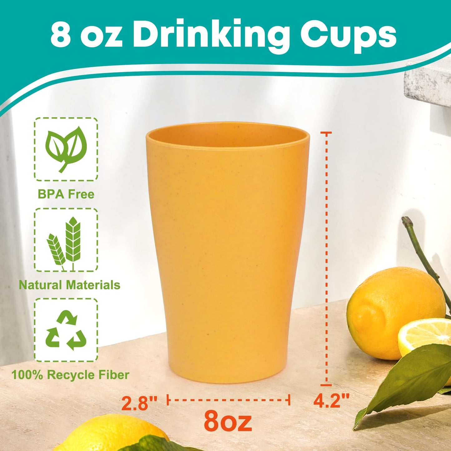 Wheat Straw Cups: Colorful, Unbreakable, Reusable 8oz Plastic Glasses (8pcs) - Ideal for Beverages, Multi-Purpose Use & Dishwasher Safe