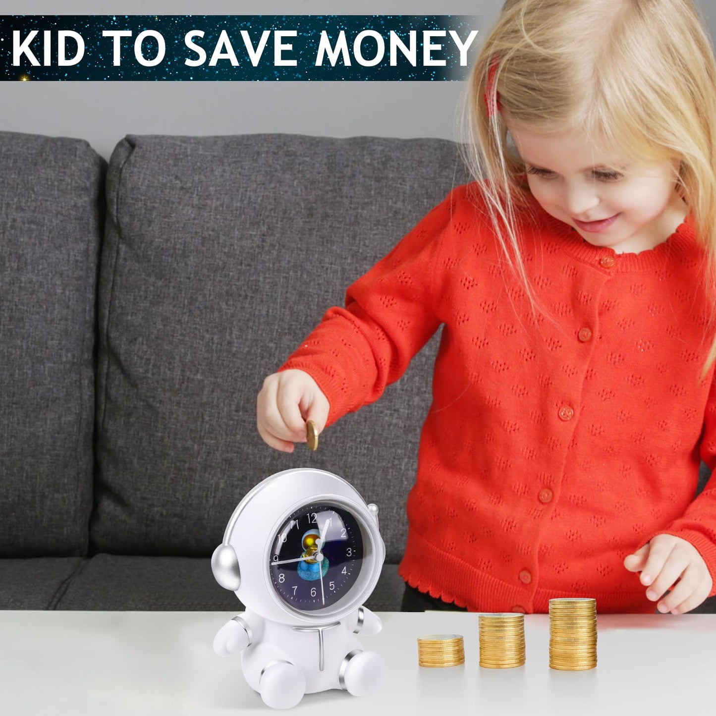 White Astronaut Kid's Unbreakable Money/Piggy Bank w/ Clock