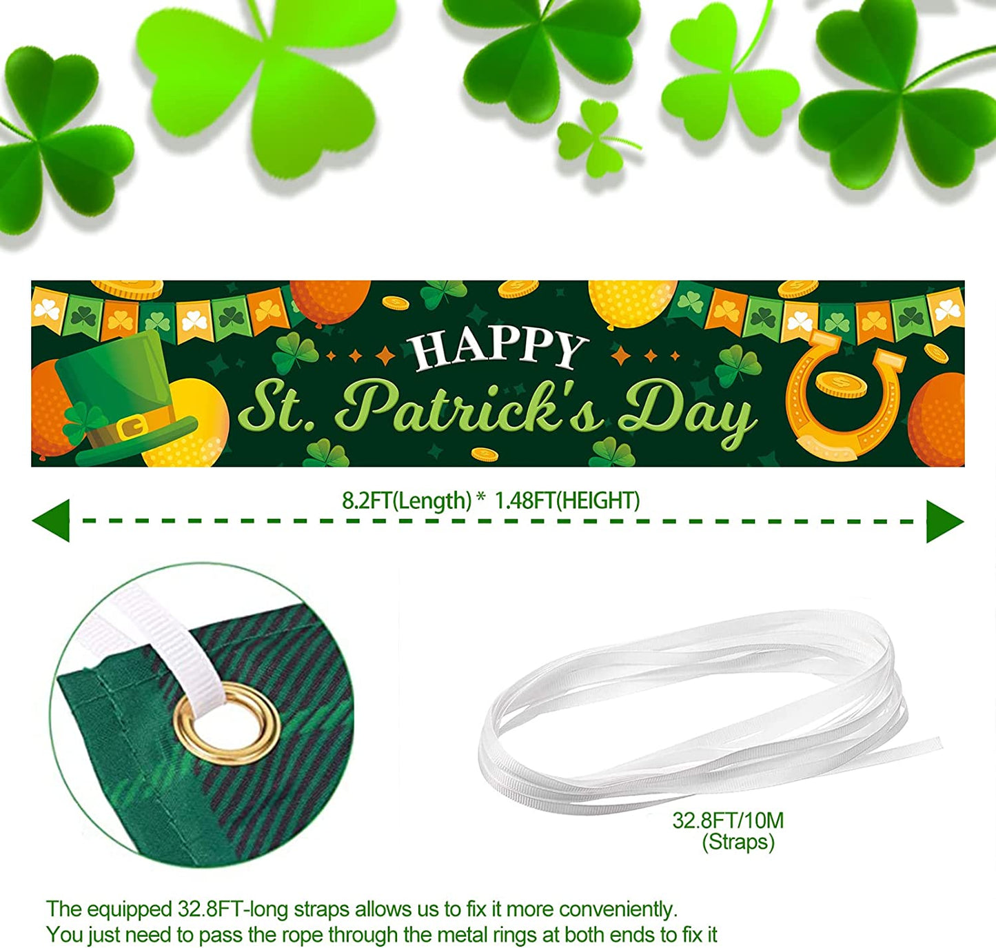 8.2' x 1.48' Happy St. Patrick's Day Banner w/ 32.8' Hanging Strap