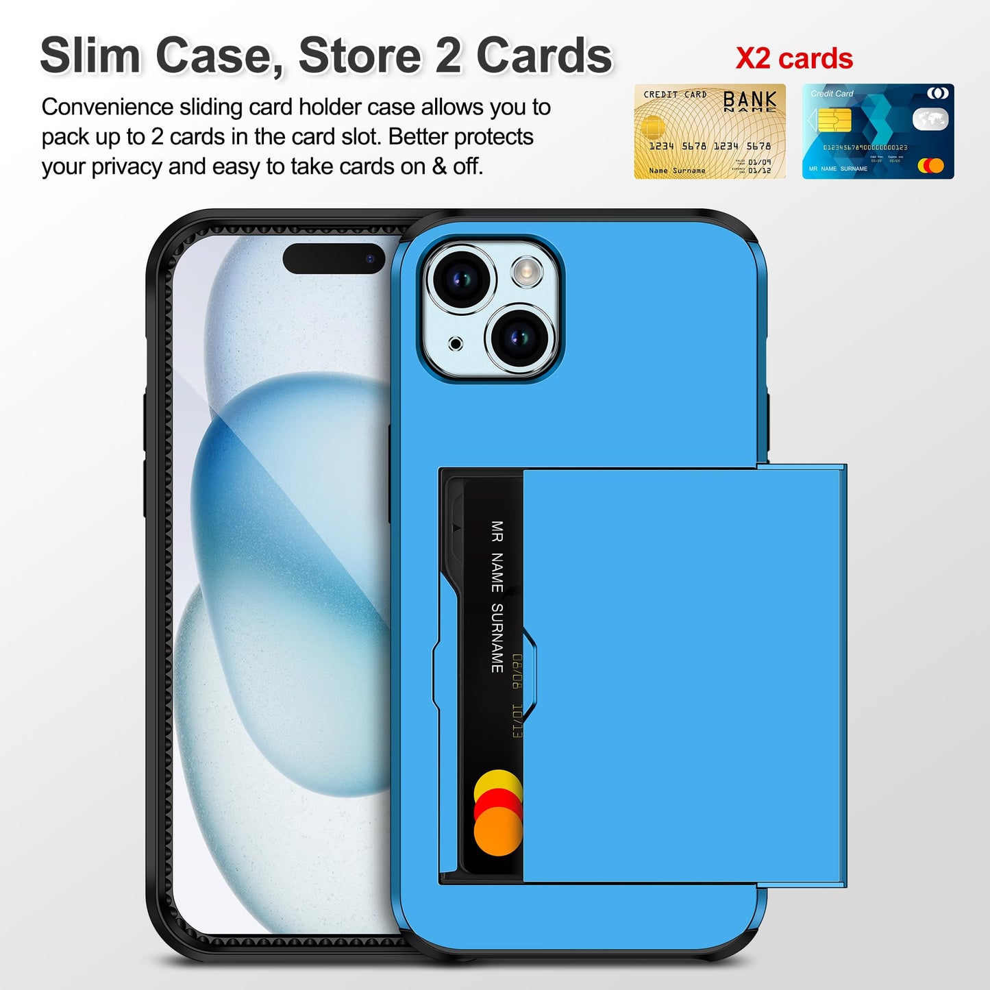 iPhone 15 Case: 4-in-1 Protective Hybrid with Card Holder, Screen Protector & Camera Cover (Light Blue)