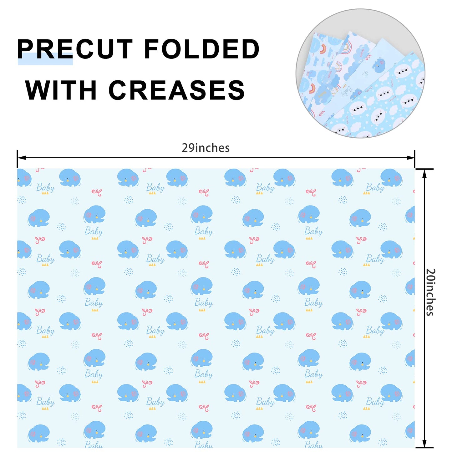 Baby Shower Wrapping Paper, Precut 12 Sheets - Cute Designs for Boys & Girls, Noticeable Typo on One Sheet, Eco-Friendly, 20" x 29" (50.8cm x 73.7cm)