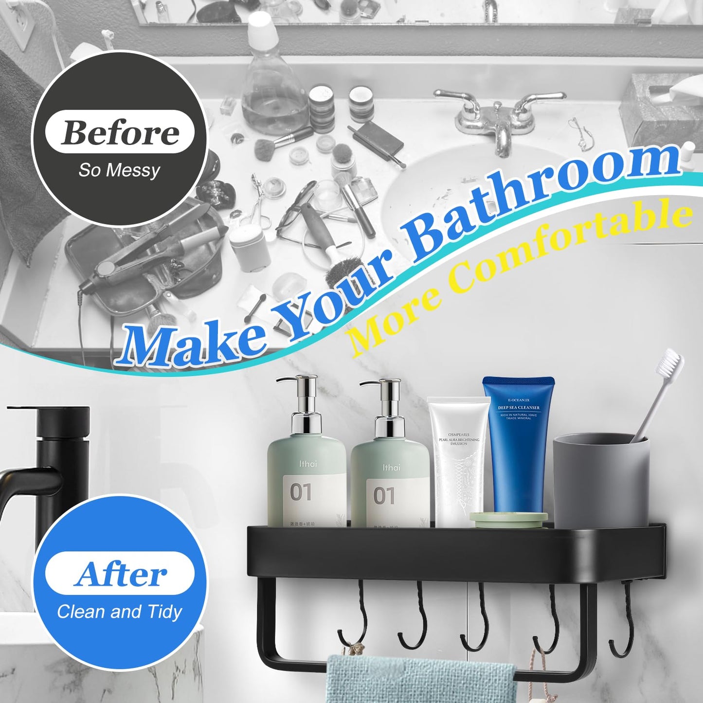 2-Piece Black Space Aluminum Shower Caddy: No-Drill Organizer with Hooks