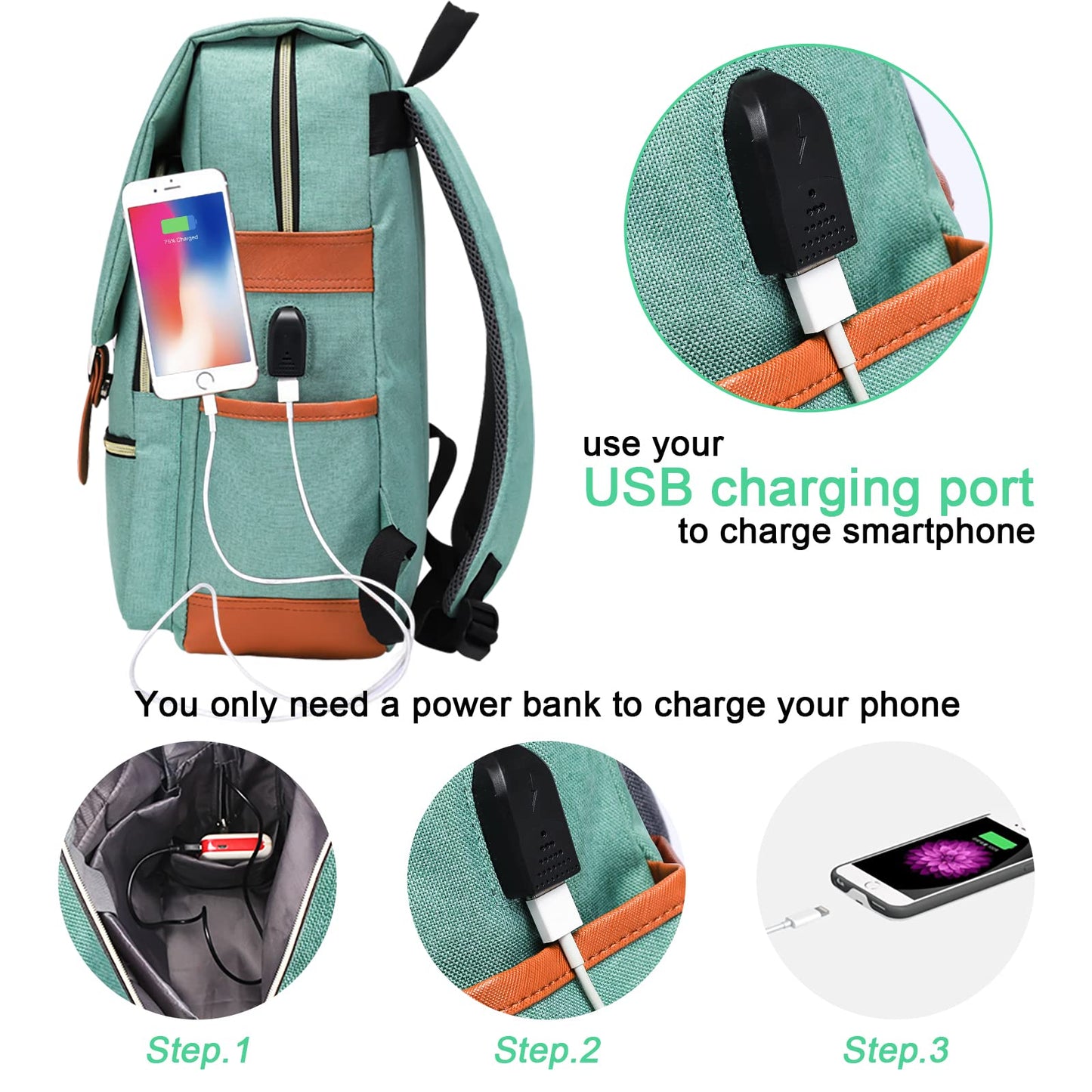 Vintage Laptop Backpack with USB Port: Fashionable Travel Gear for Both Women & Men - Fits 15.6 Inch Notebook in Elegant Green