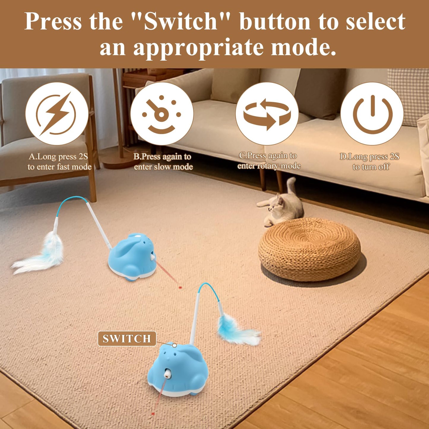 Motorized Interactive Cat Toy with Feather, Laser, 3 Modes - Ultimate Play for Energetic Kittens