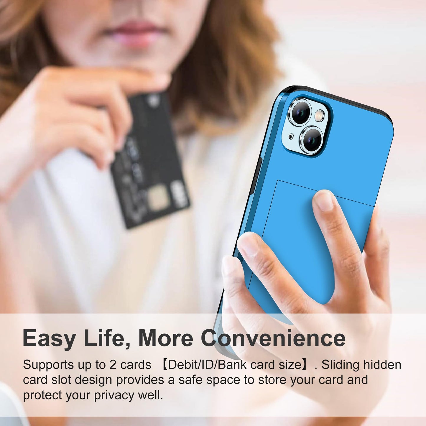 iPhone 15 Case: 4-in-1 Protective Hybrid with Card Holder, Screen Protector & Camera Cover (Light Blue)
