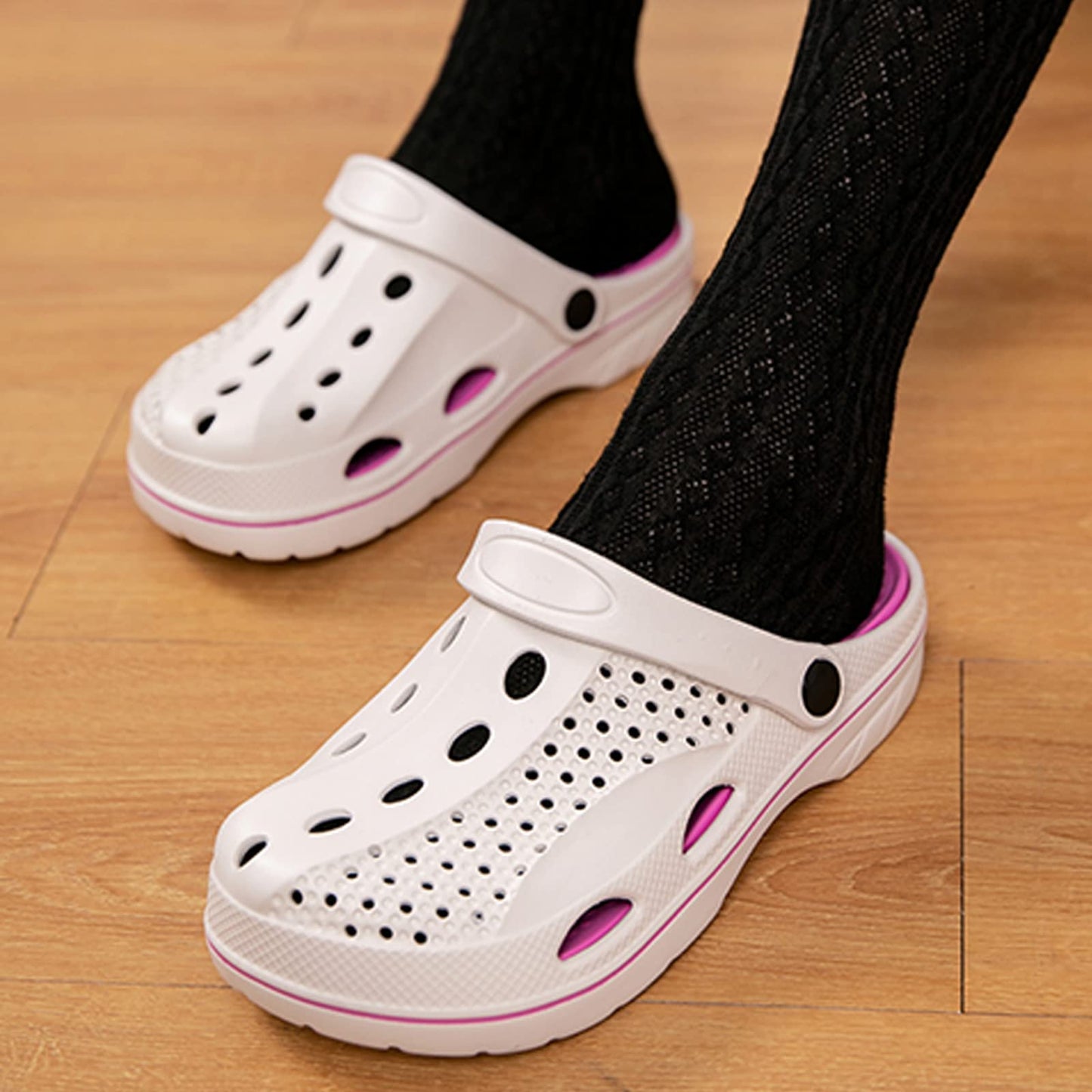 Women 5.5 - 6.5 | Men 4.5 - 5.5 White/Pink Slip-On Shoes/Clogs/Crocs w/ Removable Cushion Insole