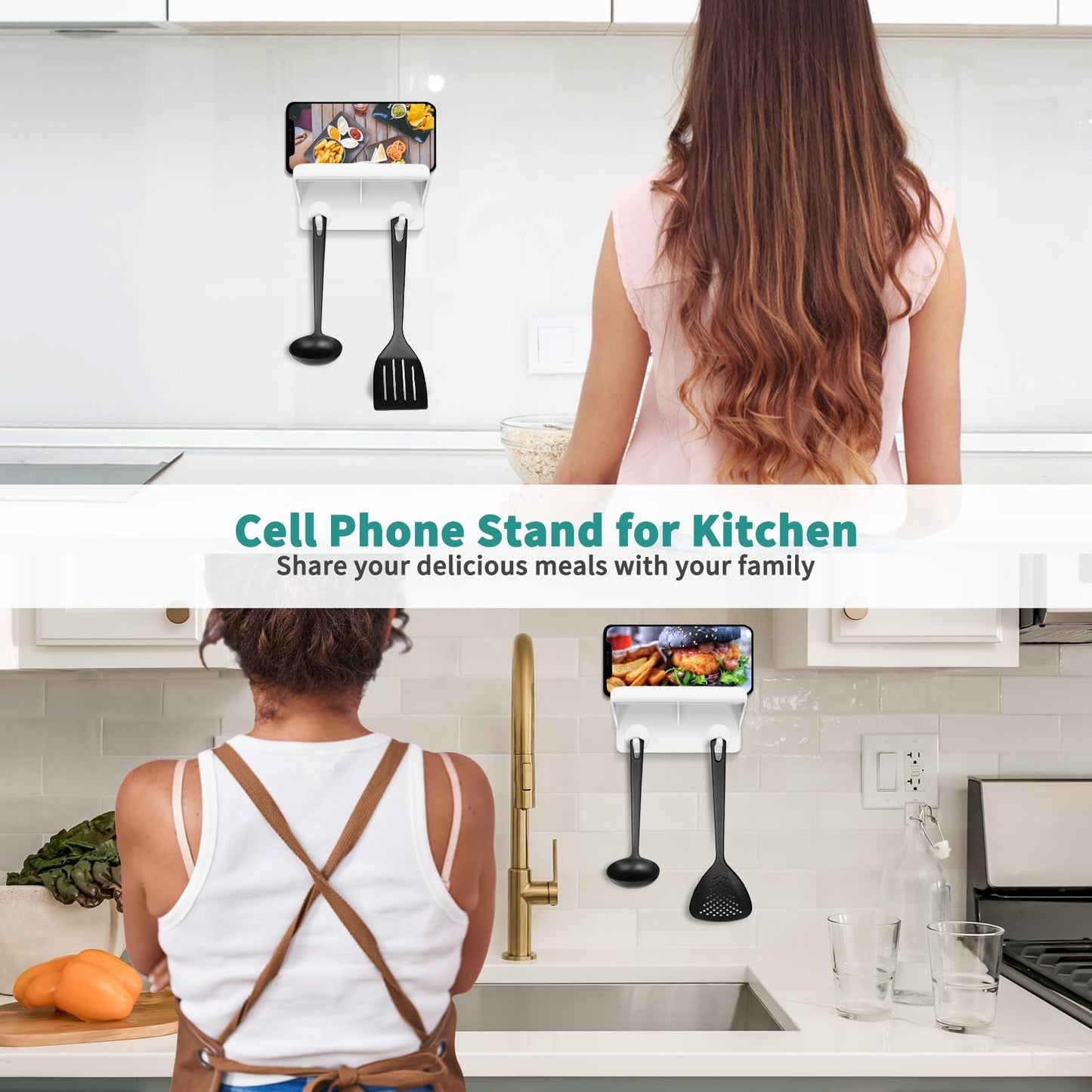 2pk Cell Phone & iPad Holder with Double Layer, Key Hooks for Home & Shower Use