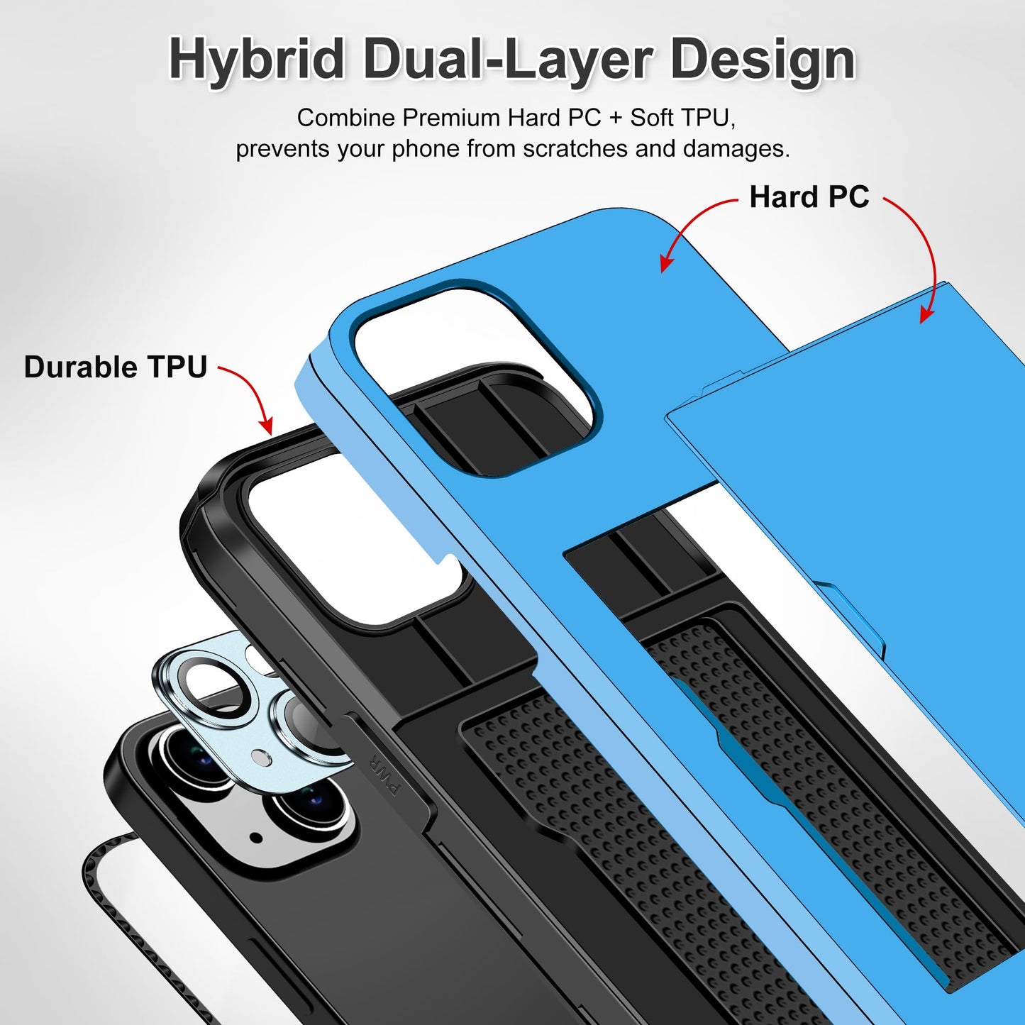 iPhone 15 Case: 4-in-1 Protective Hybrid with Card Holder, Screen Protector & Camera Cover (Light Blue)