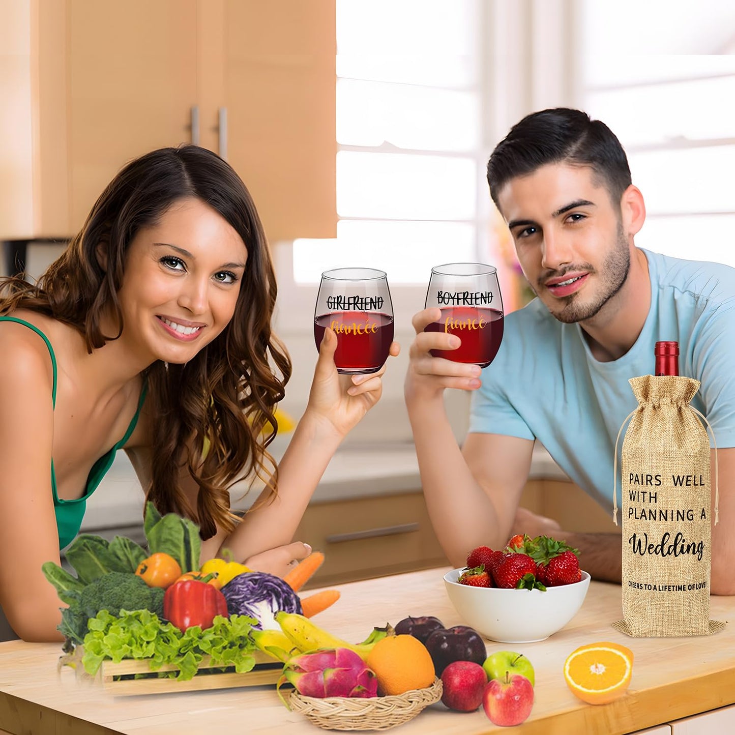 Engagement & Wedding Gift Set: Wine Glasses & Bag for Couples, Bride, and Groom