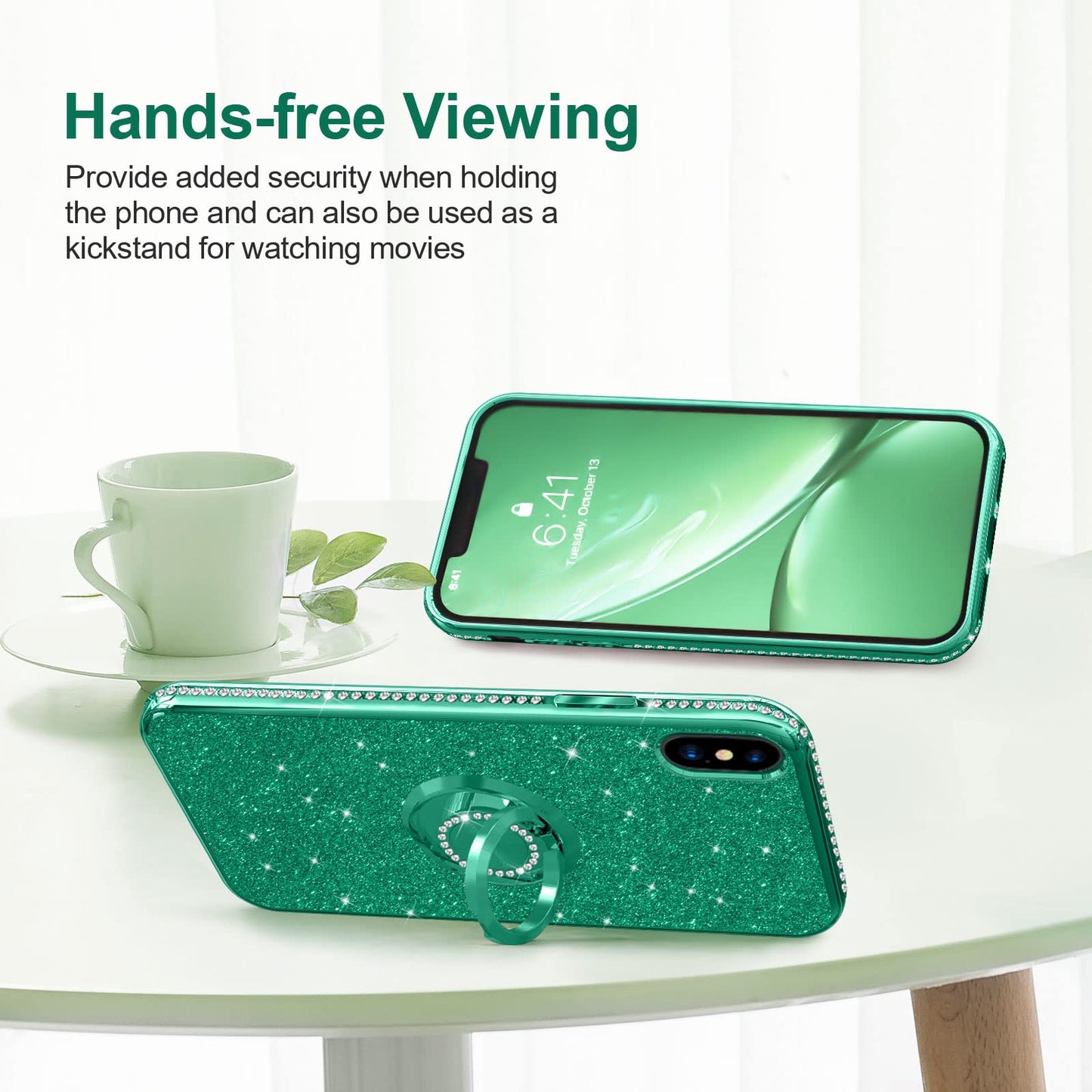 Sparkle Diamond Ring Case for iPhone X/XS 5.8" - Pine Green Full Body Protection & Stand