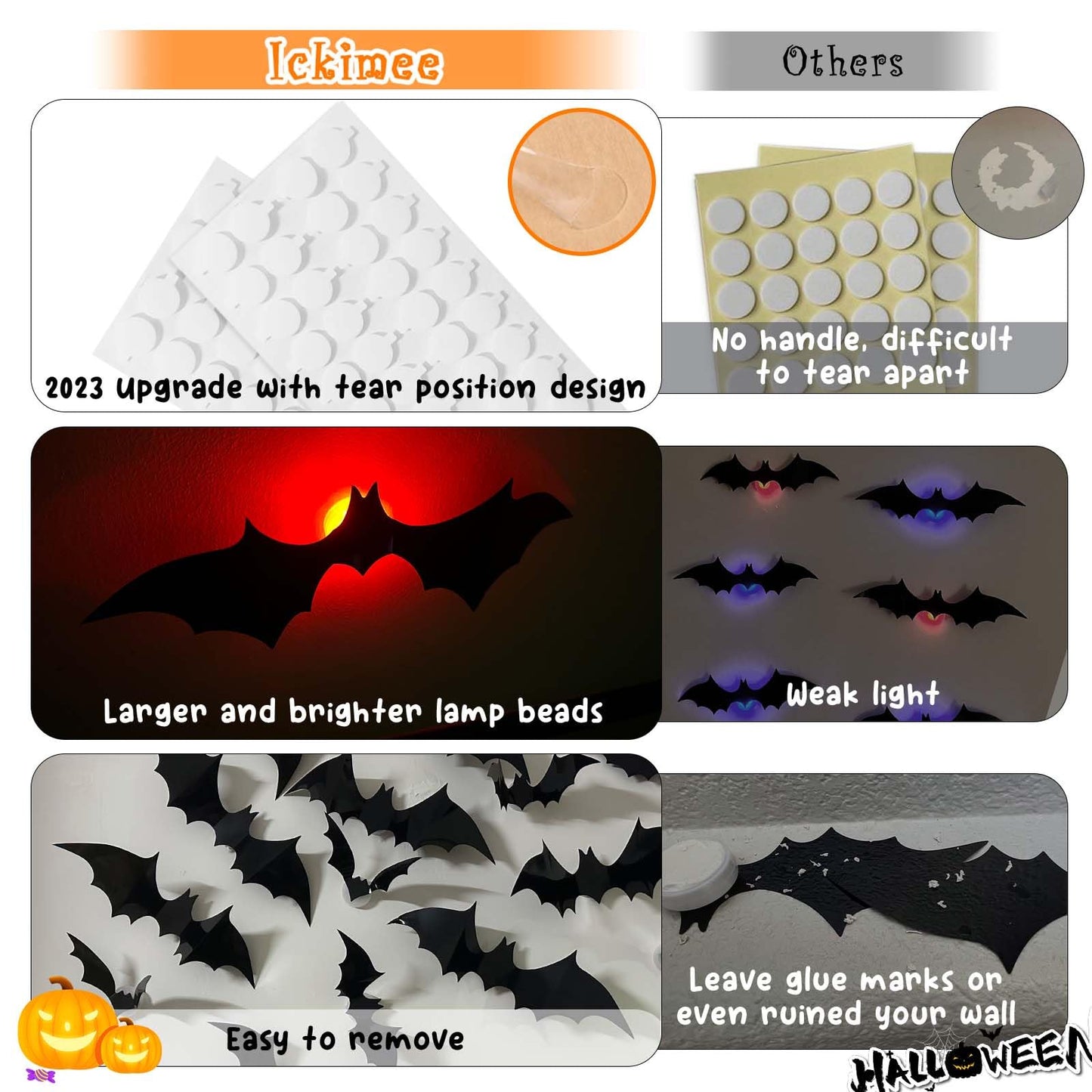 36pcs Light Up 3D Halloween Black PVC Sticky Bat Decorations in 4 Sizes