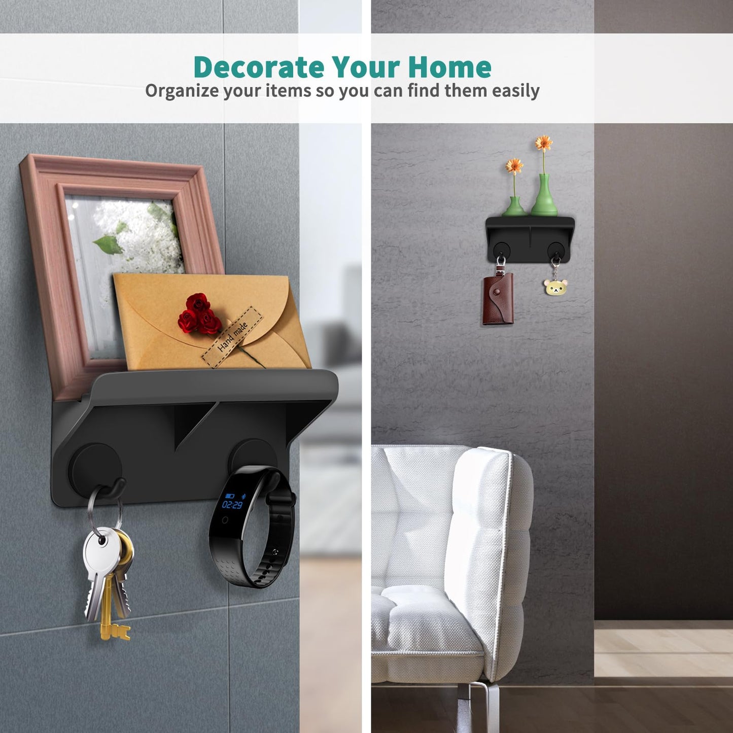 2pk Cell Phone & iPad Holder with Double Layer, Key Hooks for Home & Shower Use