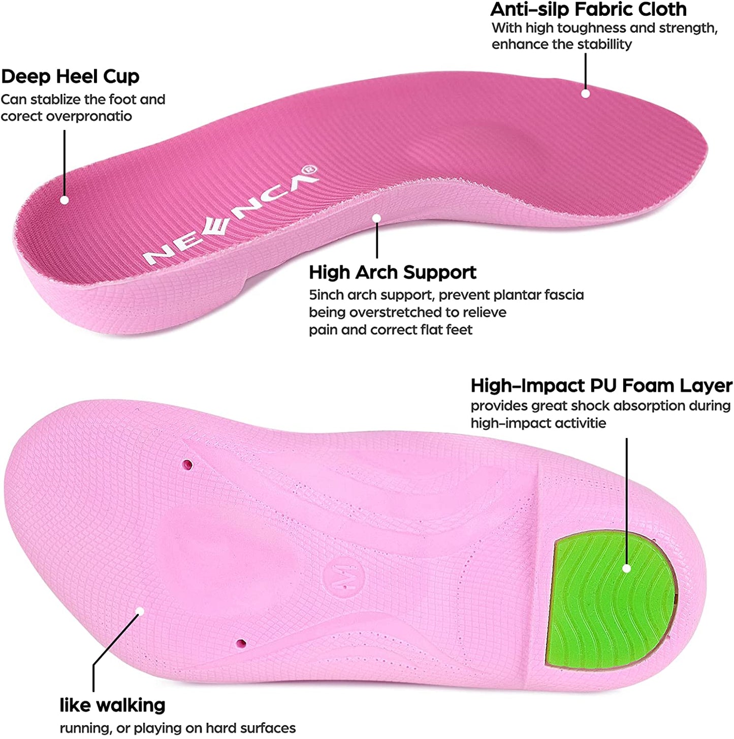 Pink Men's 7.5-9.5 Arch Support Insoles for Plantar Fasciitis Foot Pain Relief