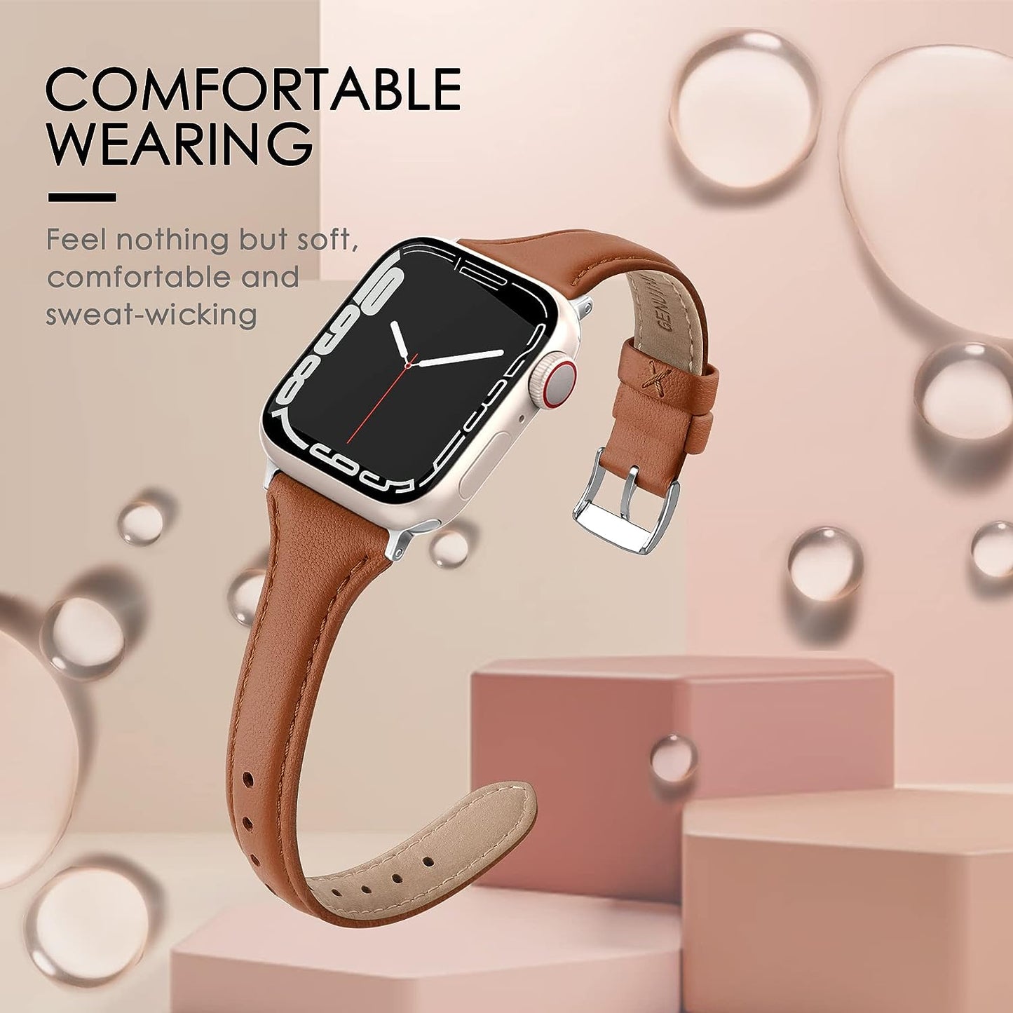 Slim Thin Elegant Genuine Brown Leather Apple Watch Band 38mm/40mm/41mm