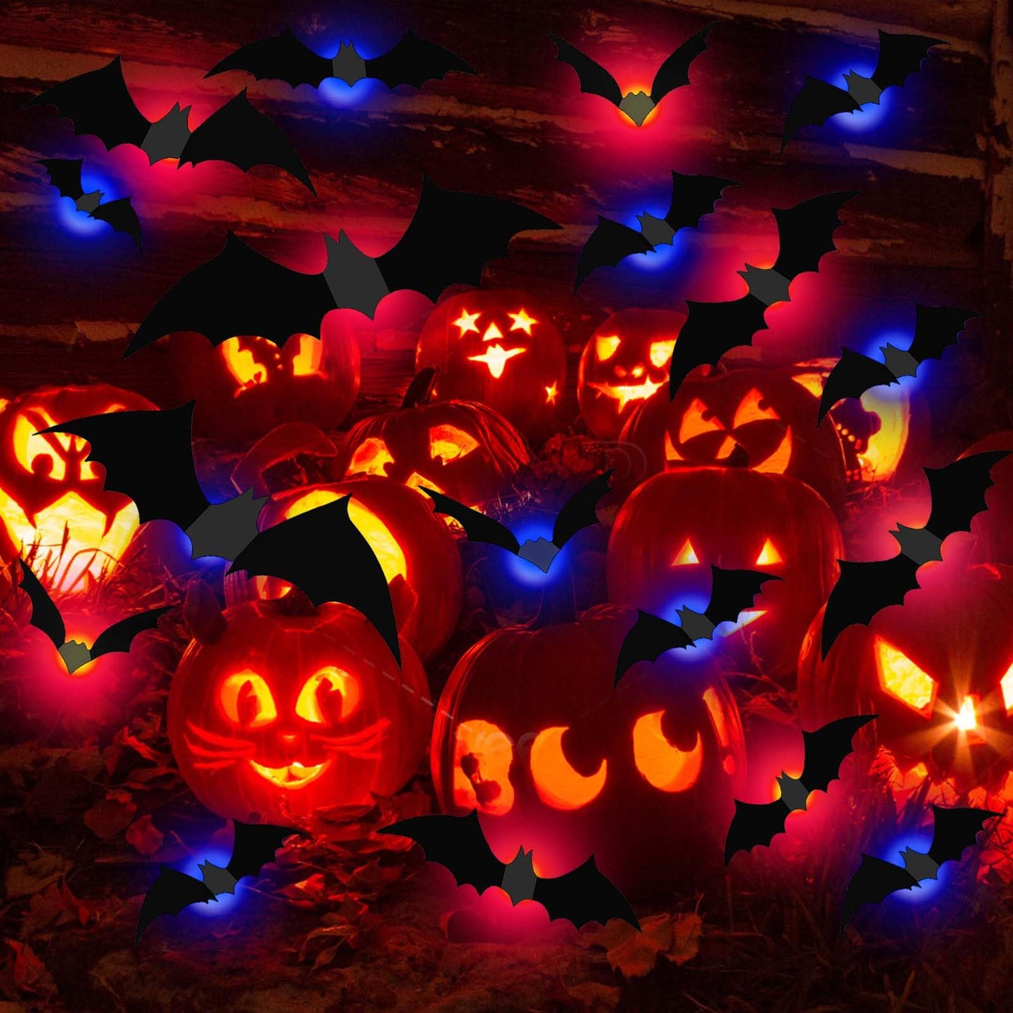 36pcs Light Up 3D Halloween Black PVC Sticky Bat Decorations in 4 Sizes