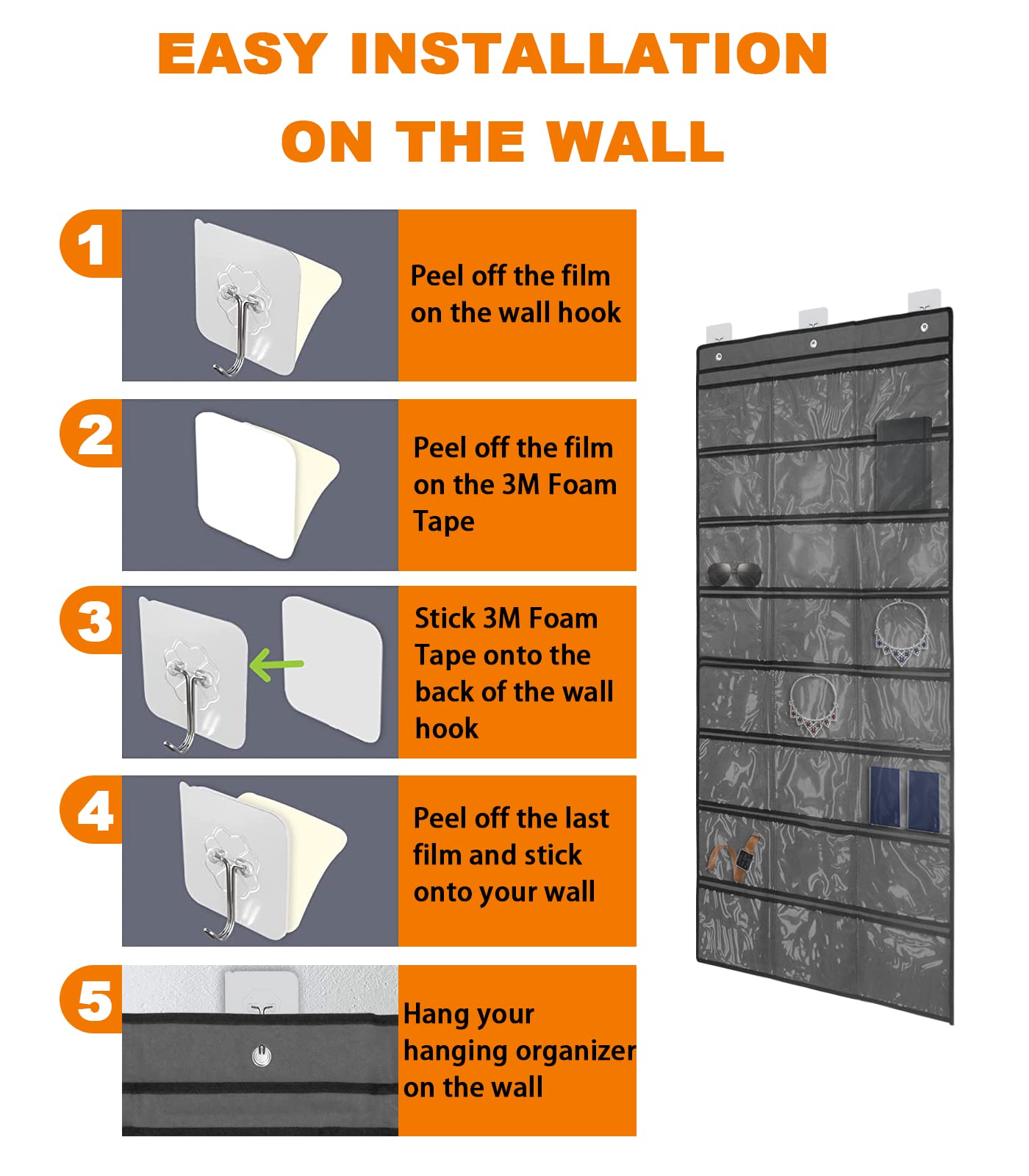 60"x26" 24 Pocket 600D Oxford Fabric Wall/Door Organizer w/ Door & Wall Hooks