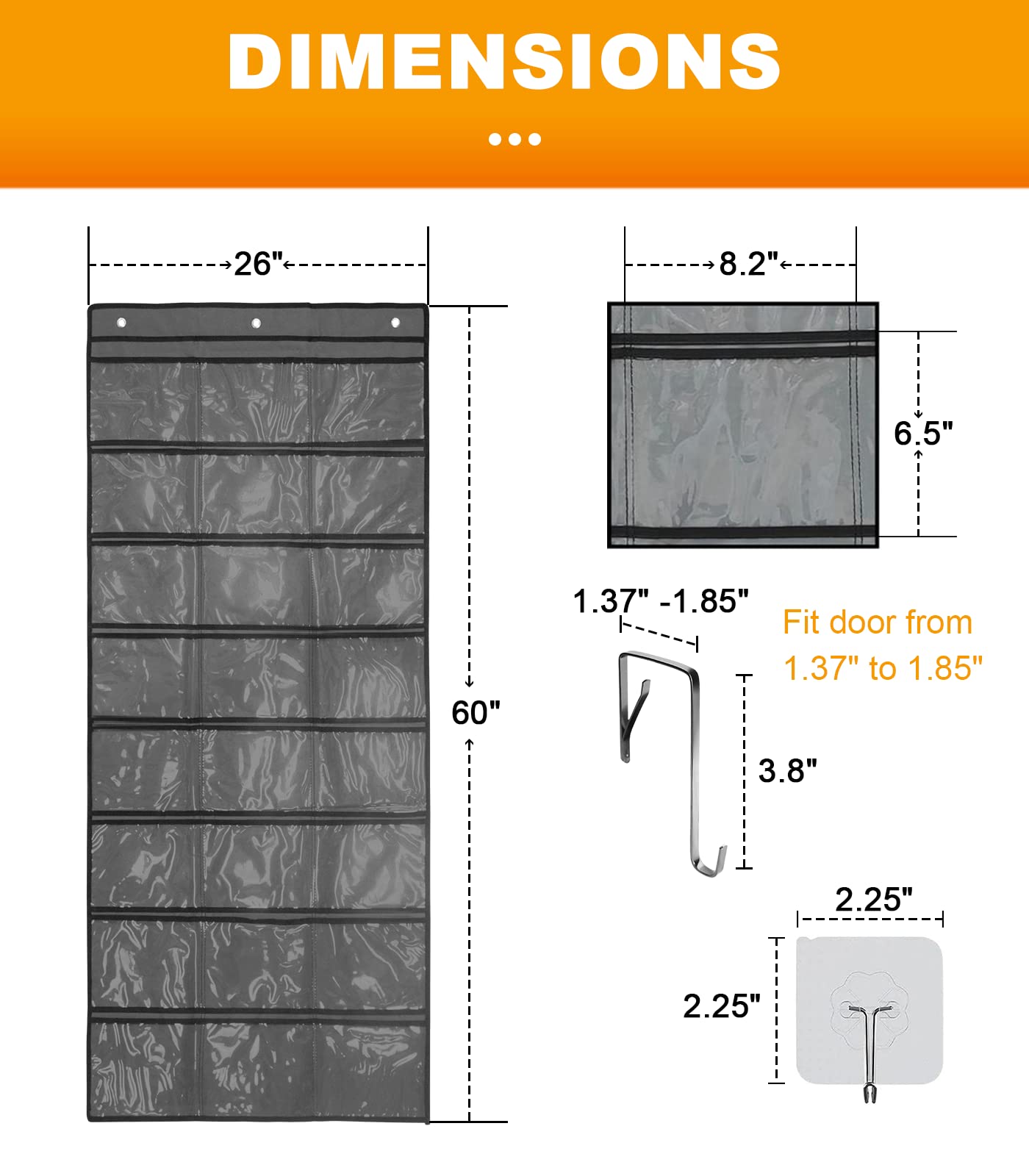 60"x26" 24 Pocket 600D Oxford Fabric Wall/Door Organizer w/ Door & Wall Hooks