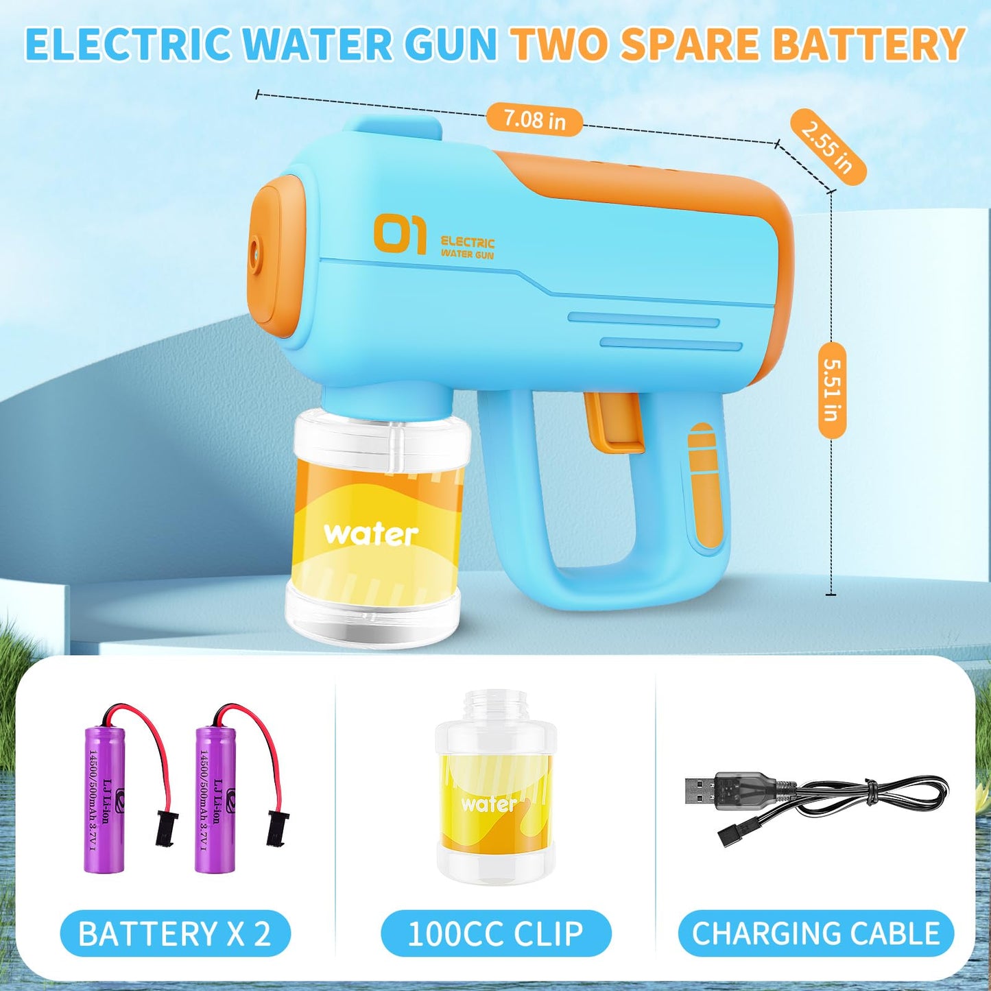 Blue/Orange Automatic Electric Water Squirt Gun Toy Shoots Up to 40ft