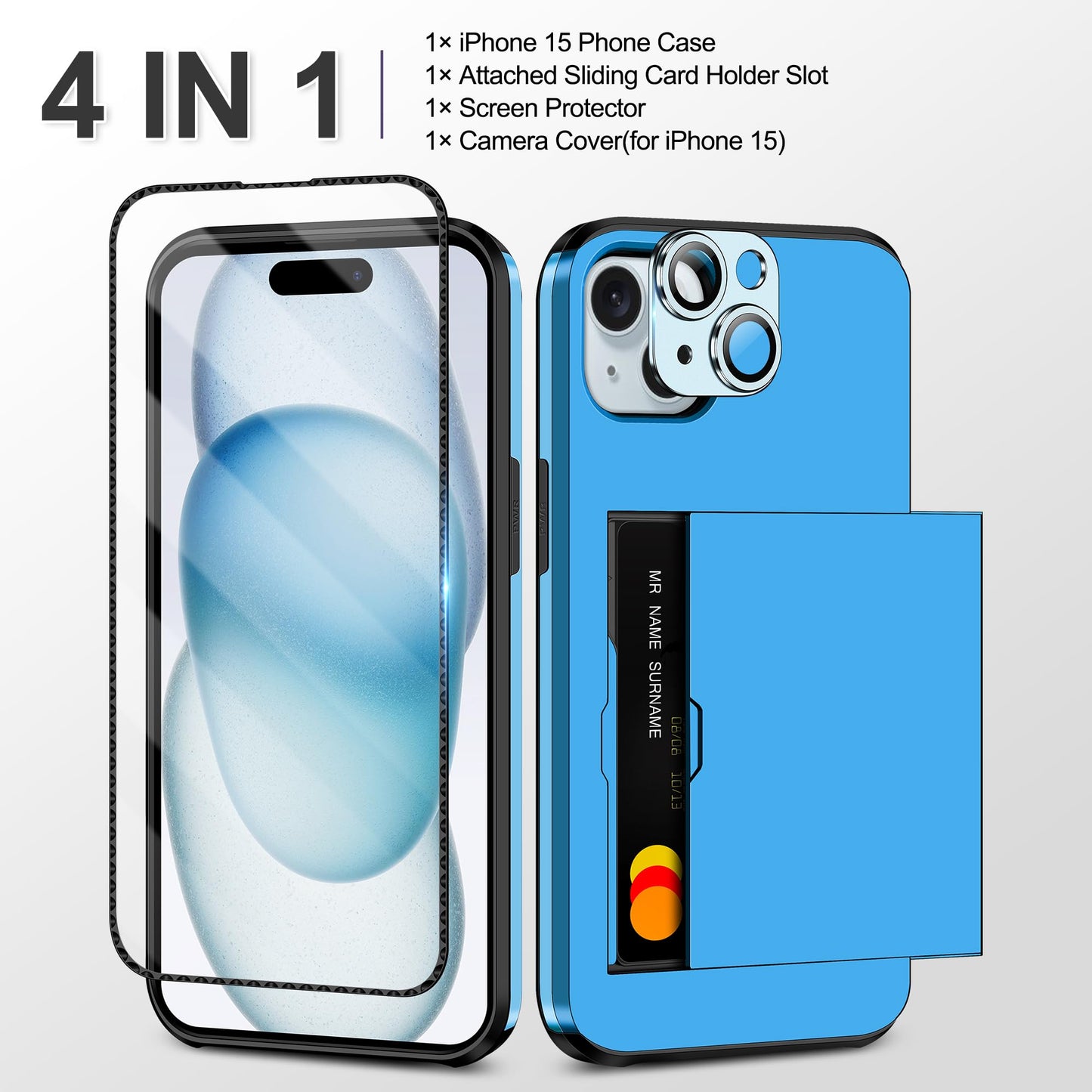 iPhone 15 Case: 4-in-1 Protective Hybrid with Card Holder, Screen Protector & Camera Cover (Light Blue)