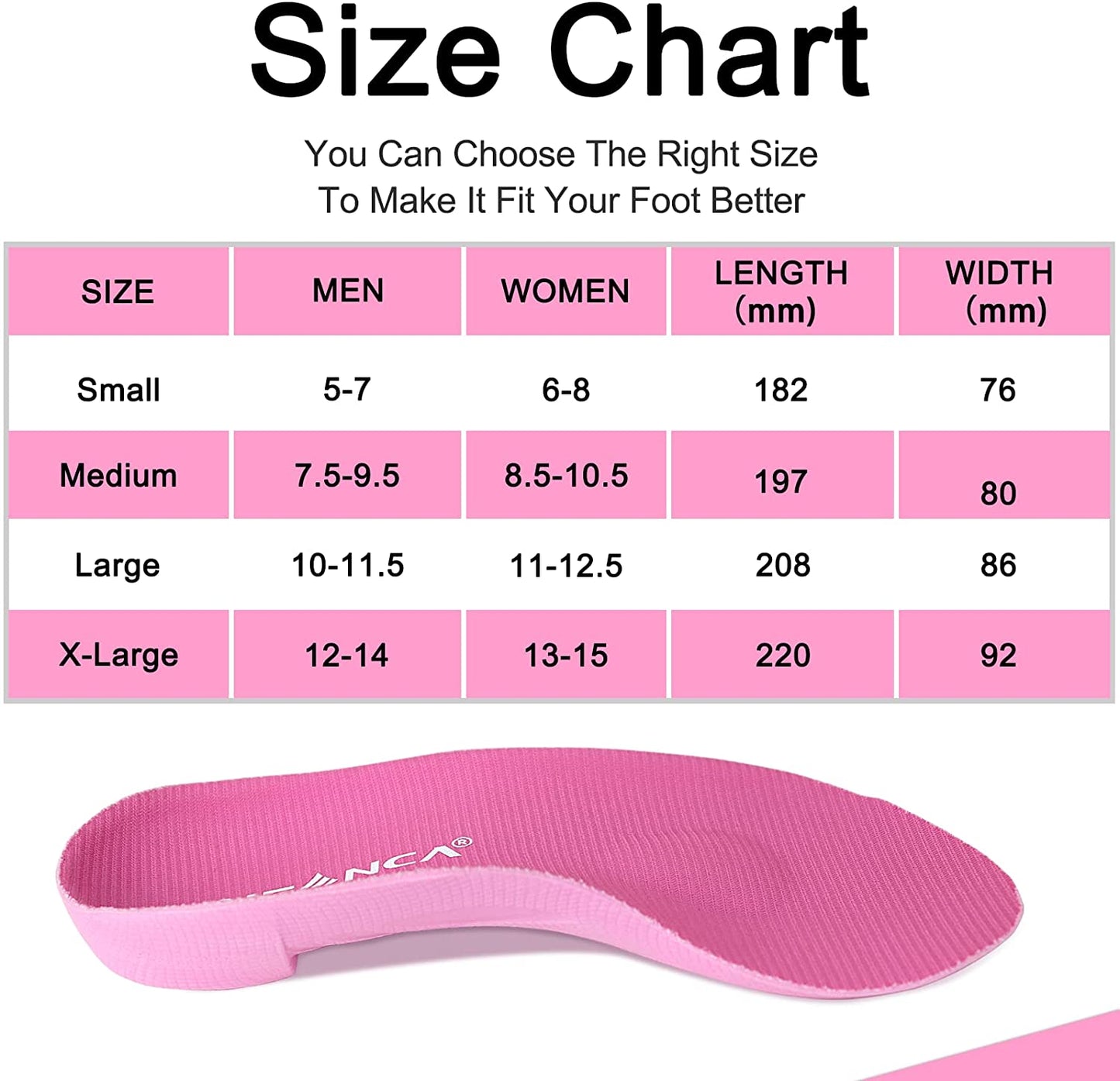 Pink Men's 7.5-9.5 Arch Support Insoles for Plantar Fasciitis Foot Pain Relief